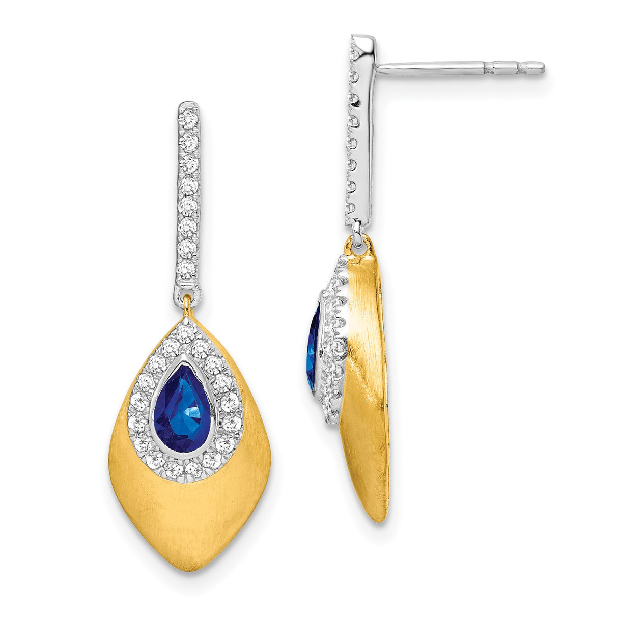 14k Yellow Gold Dangle Earrings with Sapphire and Diamond, Teardrop Brushed Design for Women