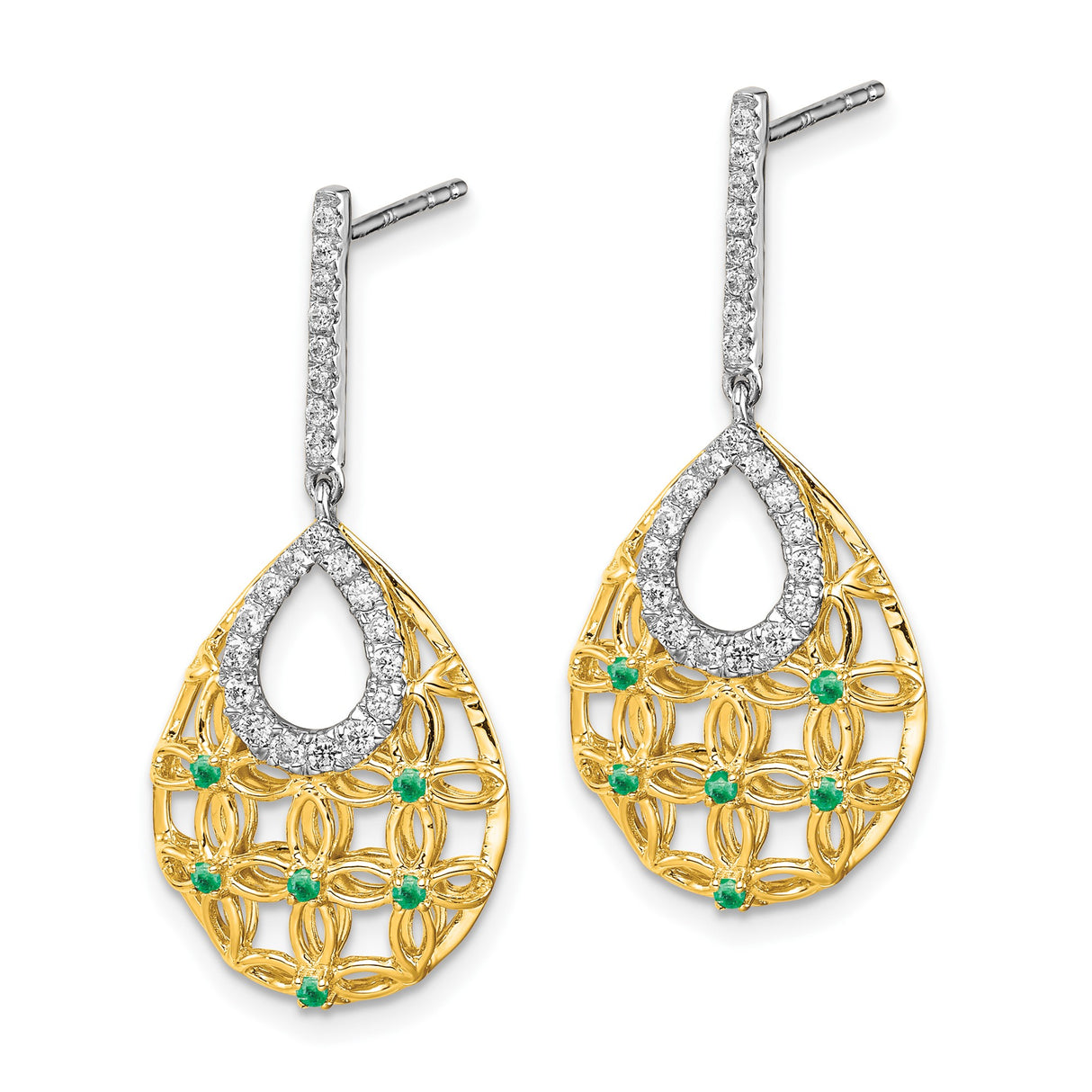 14k Yellow Gold Teardrop Dangle Earrings with Diamond, Floral Lattice Design for Women