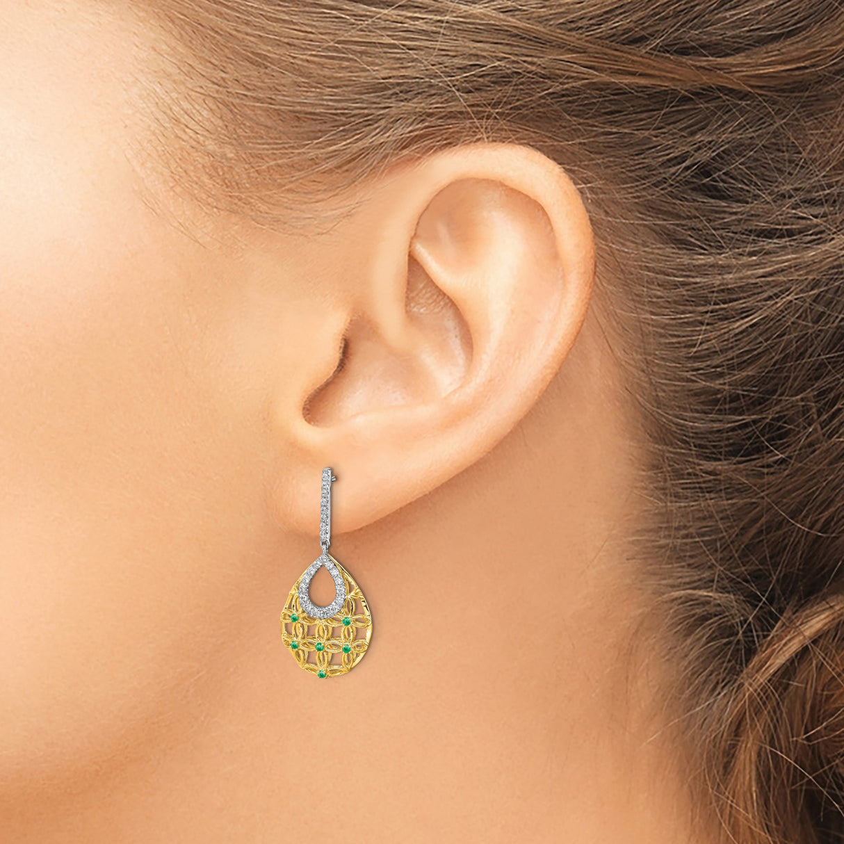 14k Yellow Gold Teardrop Dangle Earrings with Diamond, Floral Lattice Design for Women