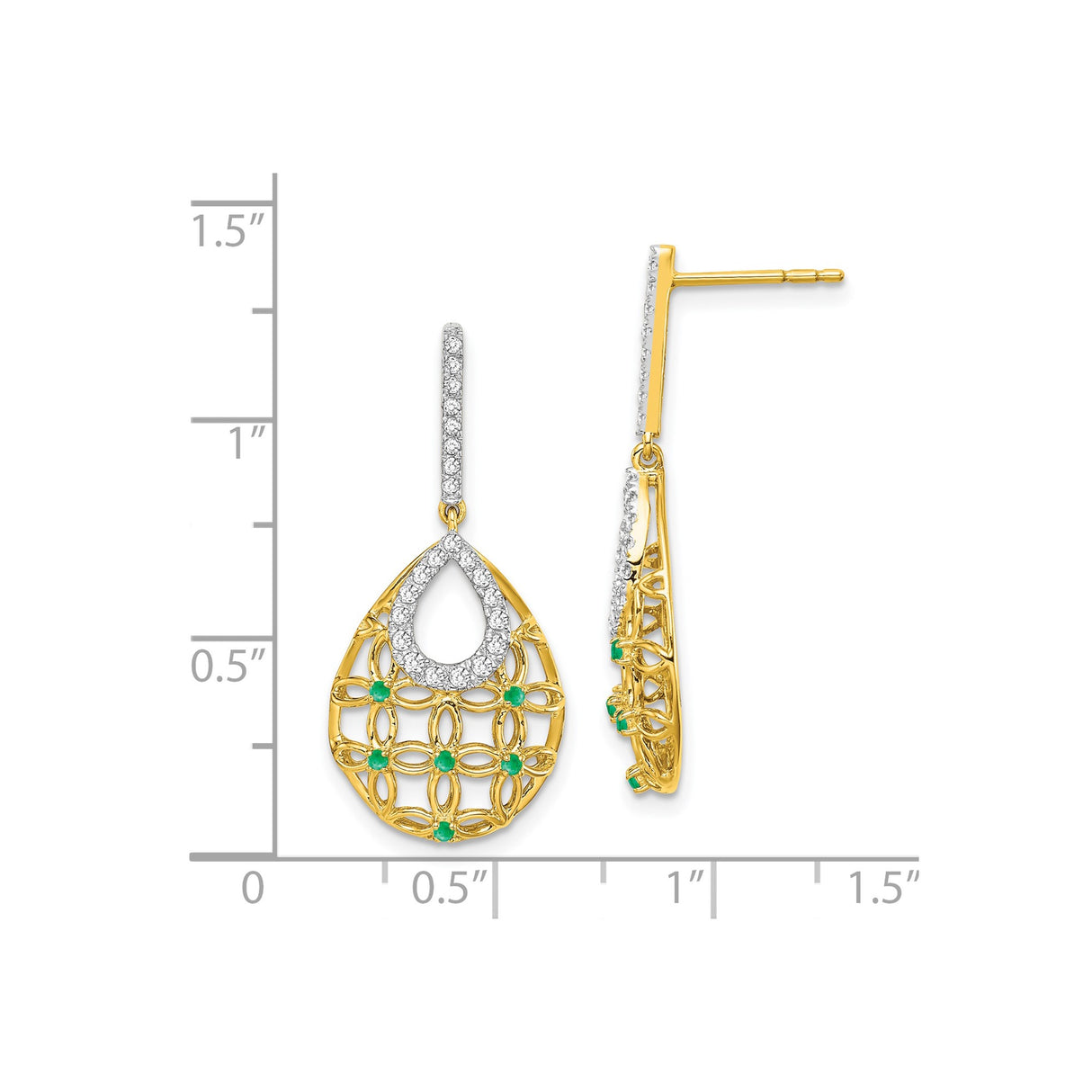 14k Yellow Gold Teardrop Dangle Earrings with Diamond, Floral Lattice Design for Women