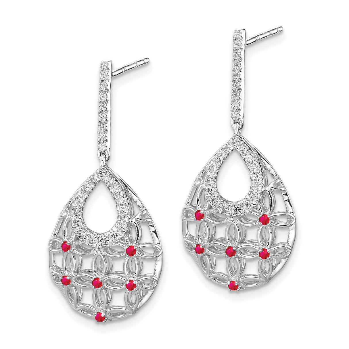 14k White Gold Dangle Earrings with Diamond Accents and Teardrop Filigree Design