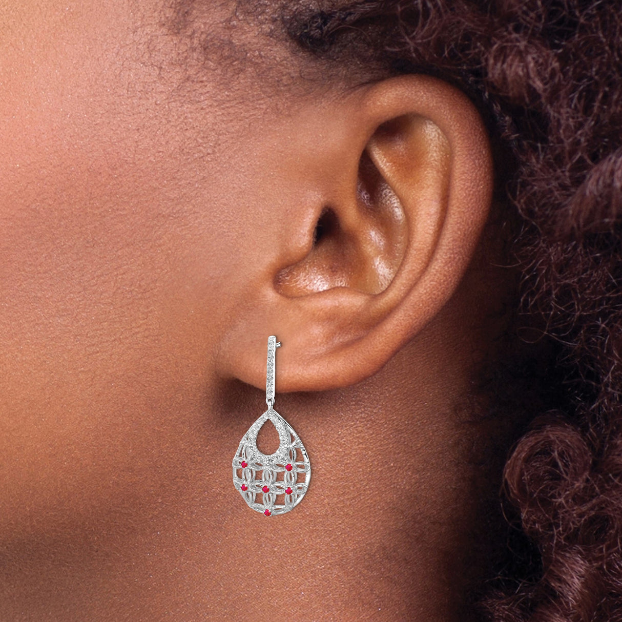 14k White Gold Dangle Earrings with Diamond Accents and Teardrop Filigree Design