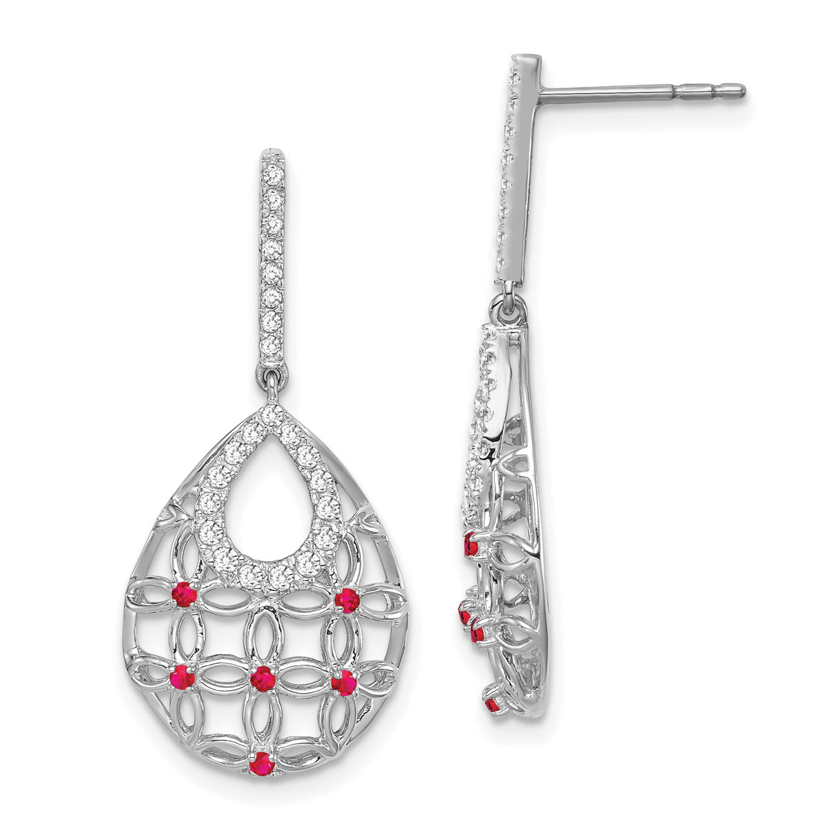 14k White Gold Dangle Earrings with Diamond Accents and Teardrop Filigree Design
