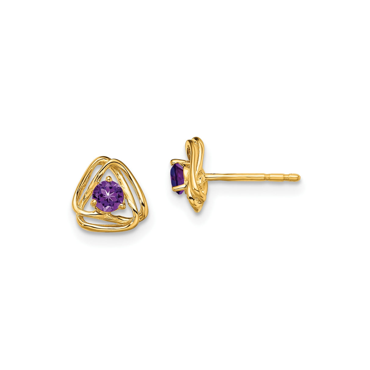 14k Yellow Gold Celtic Triquetra Knot Stud Earrings with Amethyst Gemstone Centerpiece