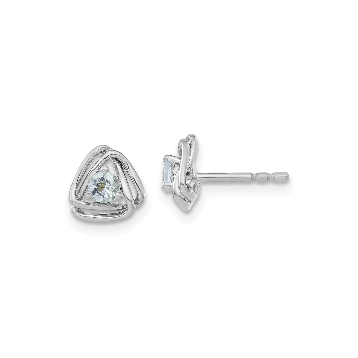 14k White Gold Stud Earrings with Aquamarine, Open Triangle Knot Design