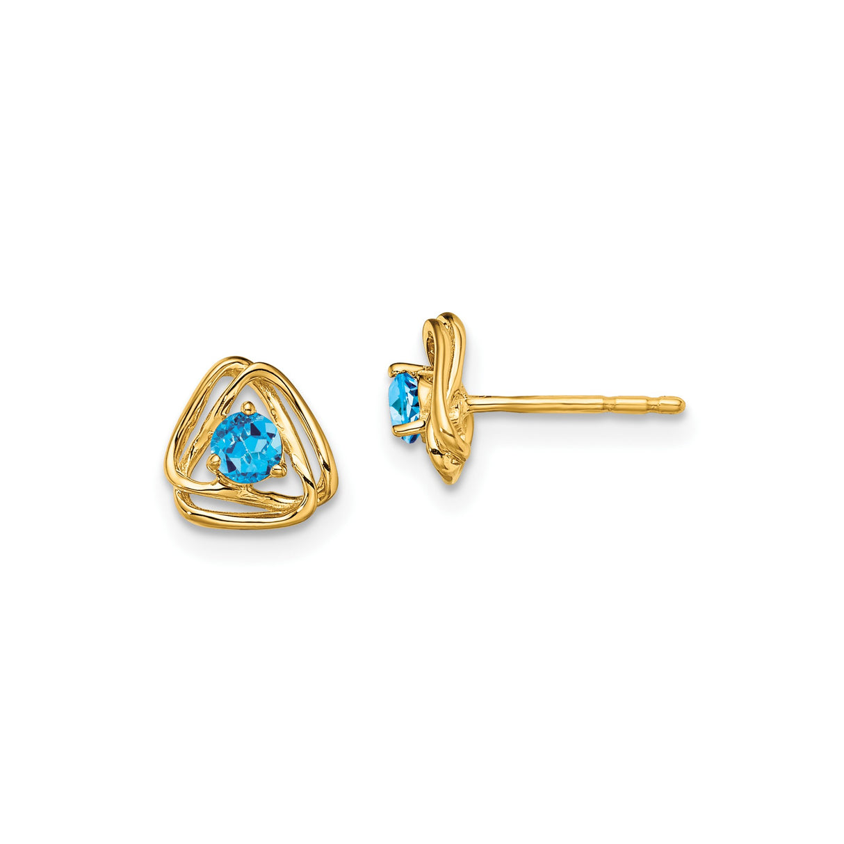 14k Yellow Gold Knot Stud Earrings with Swiss Blue Topaz, Triquetra Celtic Design