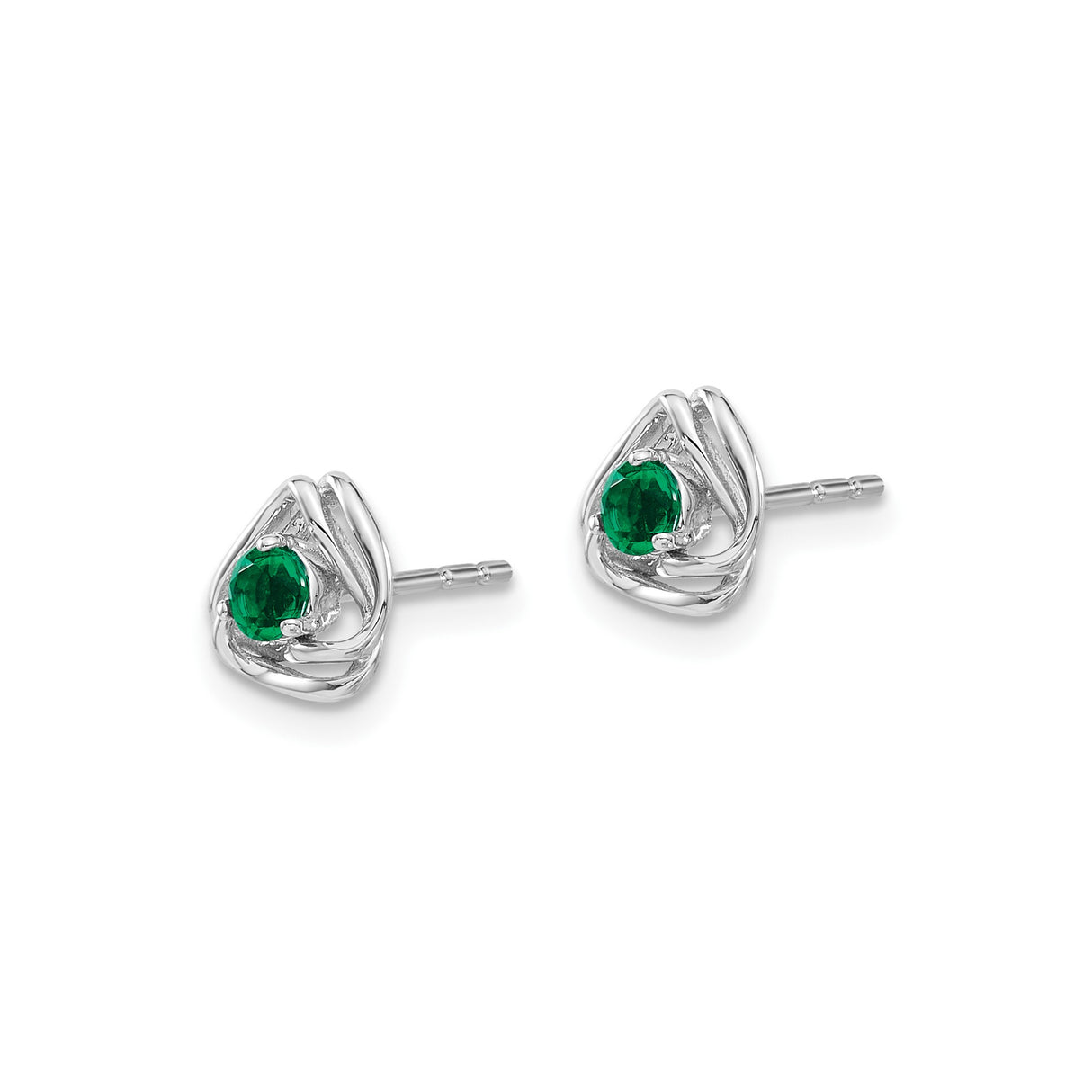 14k White Gold Celtic Knot Stud Earrings with Created Emerald Triquetra Design