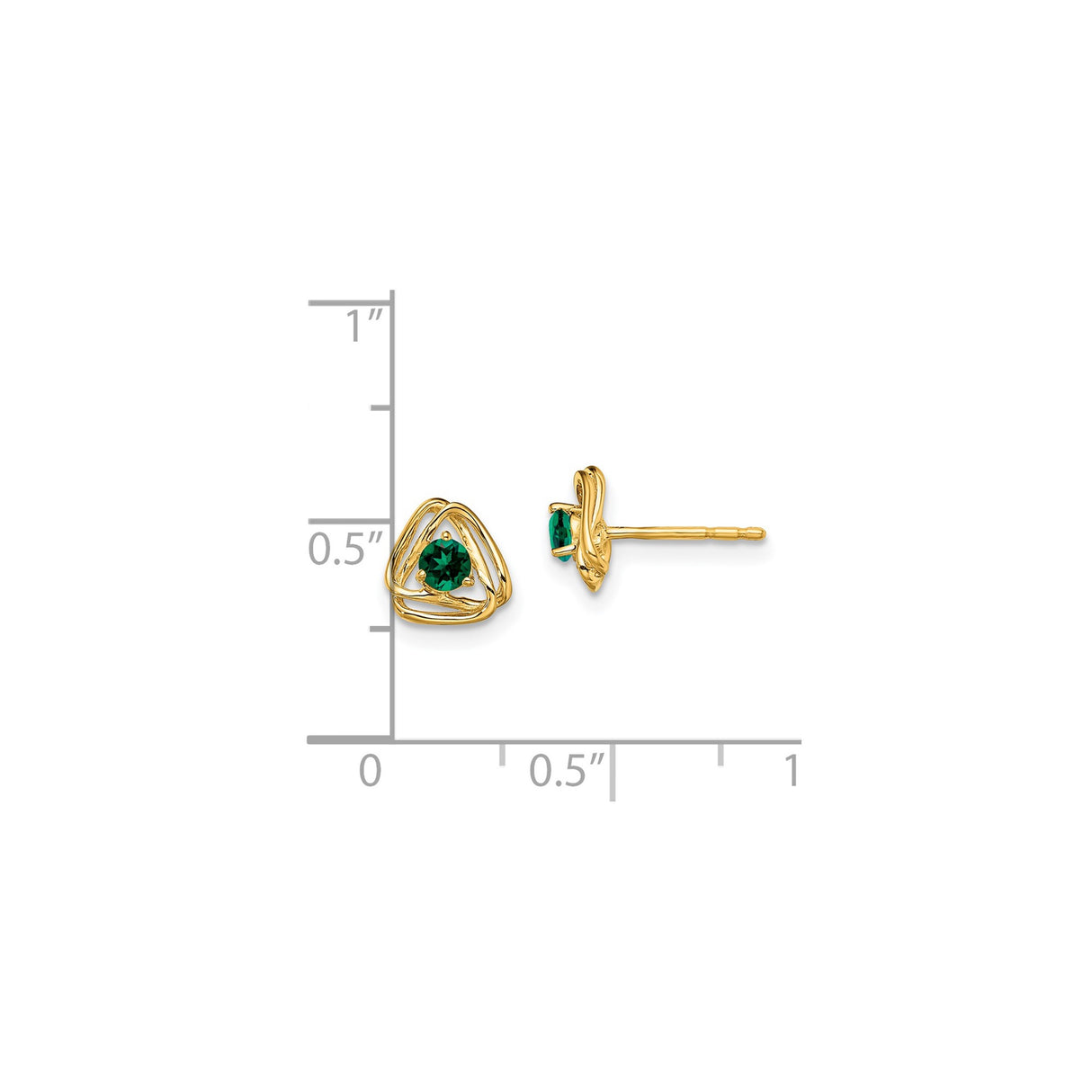 14k Yellow Gold Stud Earrings with Created Emerald in Celtic Triquetra Knot Design