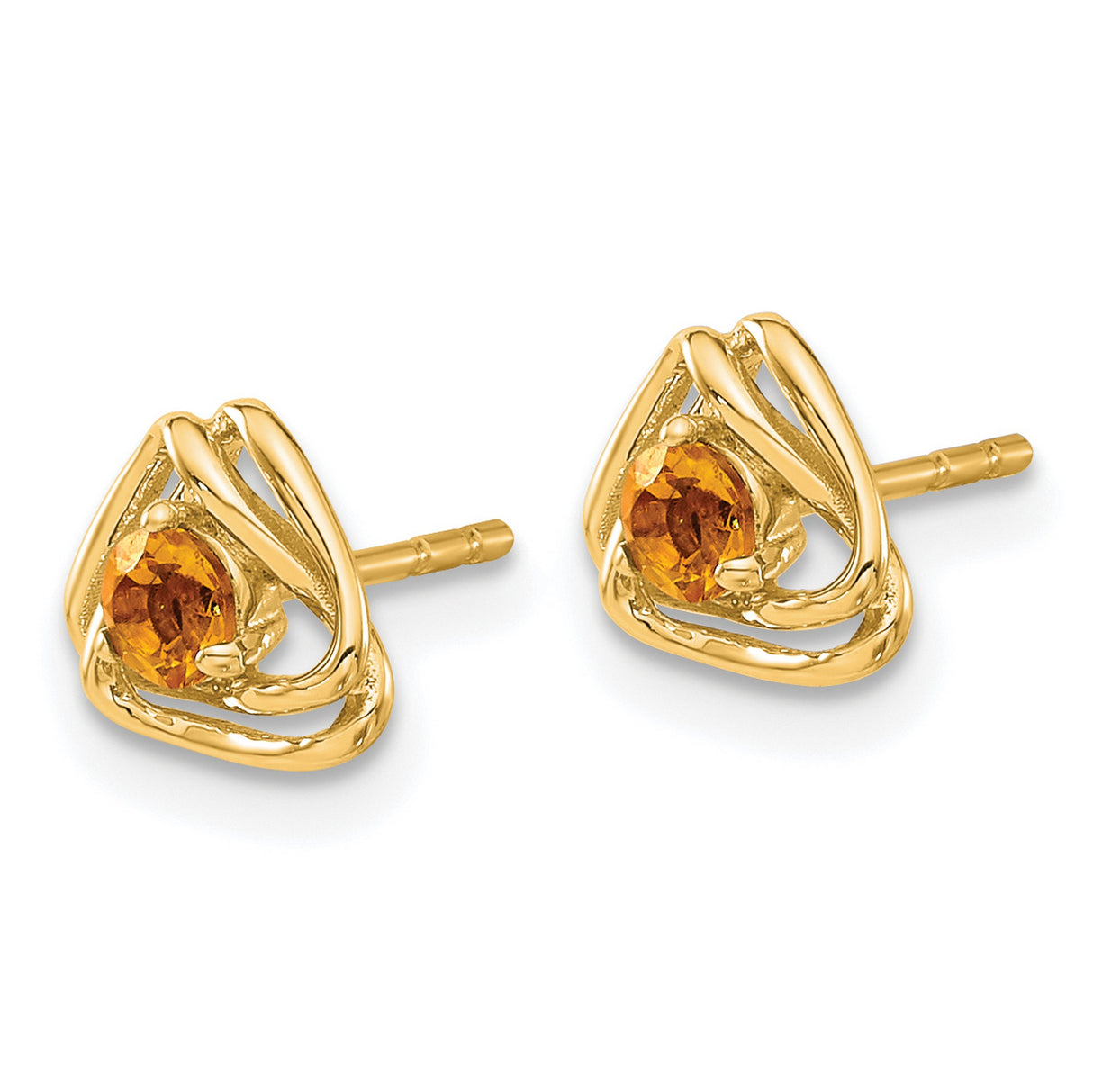 14k Yellow Gold Citrine Stud Earrings with Open Abstract Triangle Frame, Modern Geometric Design