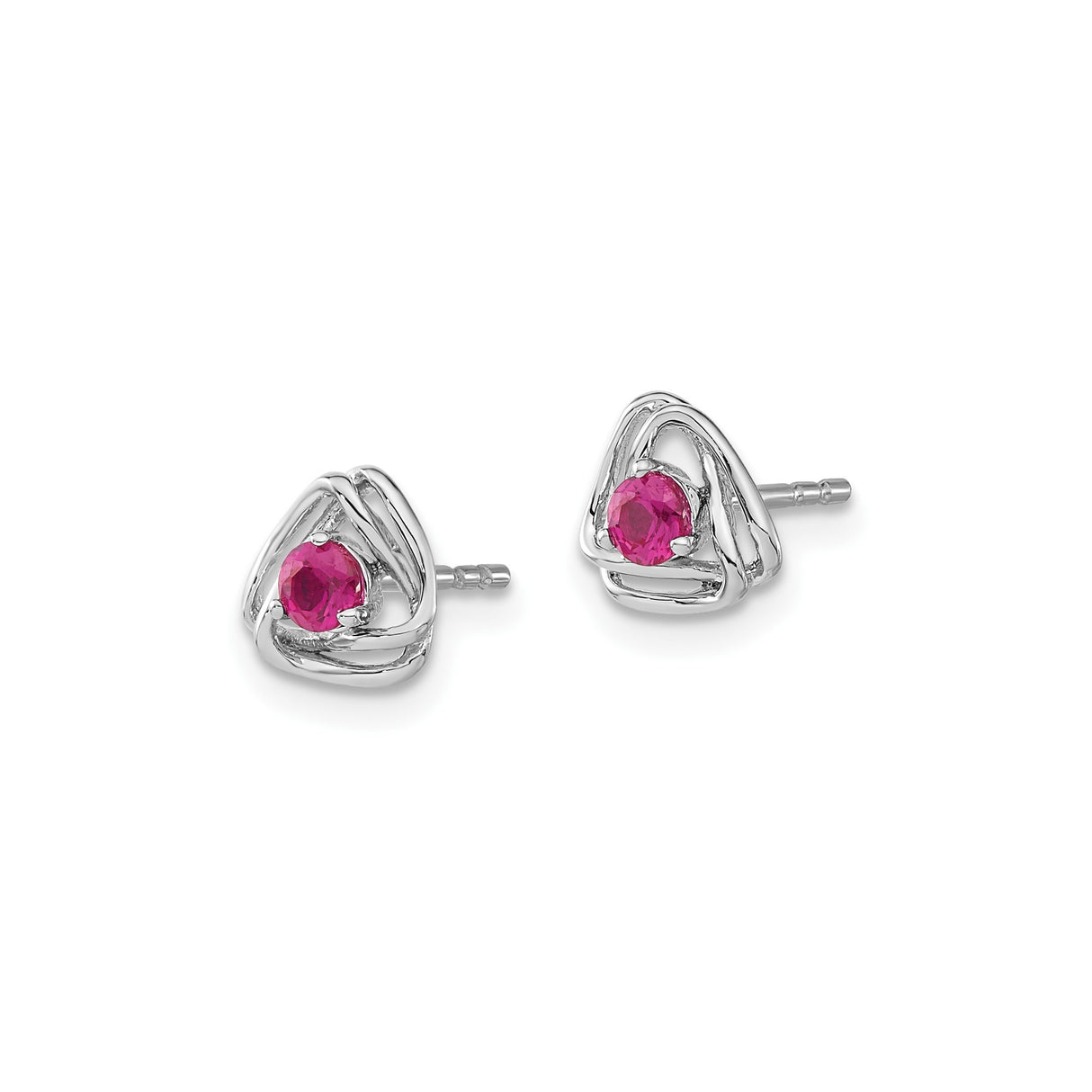 14k White Gold Stud Earrings with Created Ruby, Celtic Triquetra Knot Design for Women