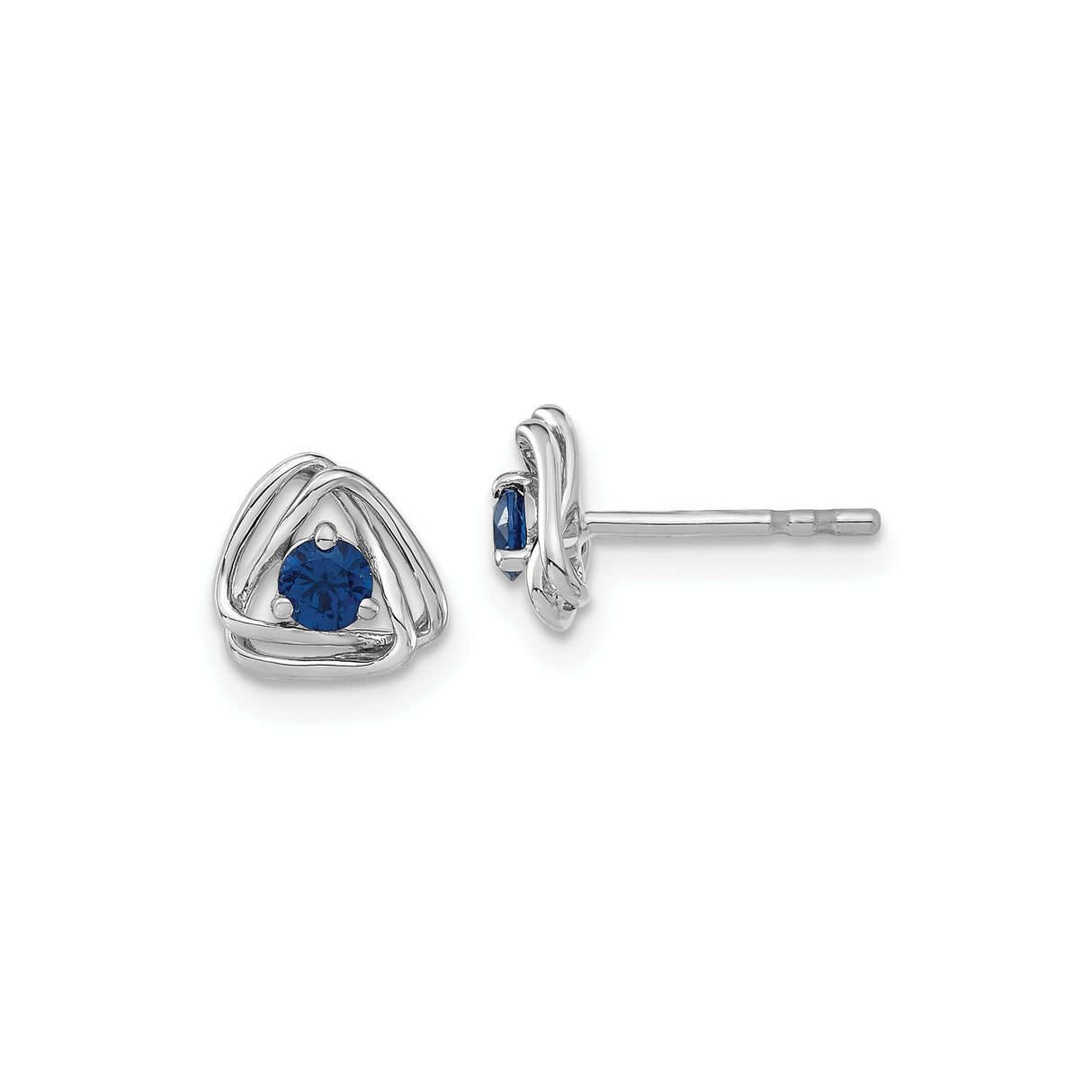 14k White Gold Celtic Stud Earrings with Created Sapphire, Trinity Knot Design