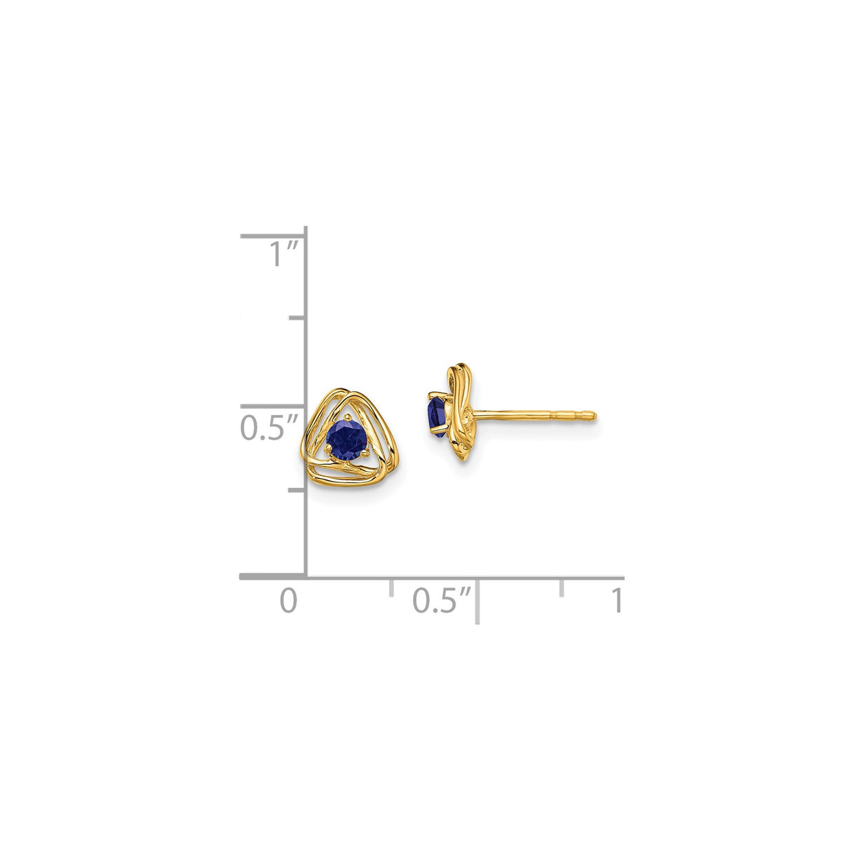 14k Yellow Gold Stud Earrings with Created Sapphire in Open Knot Triangle Design