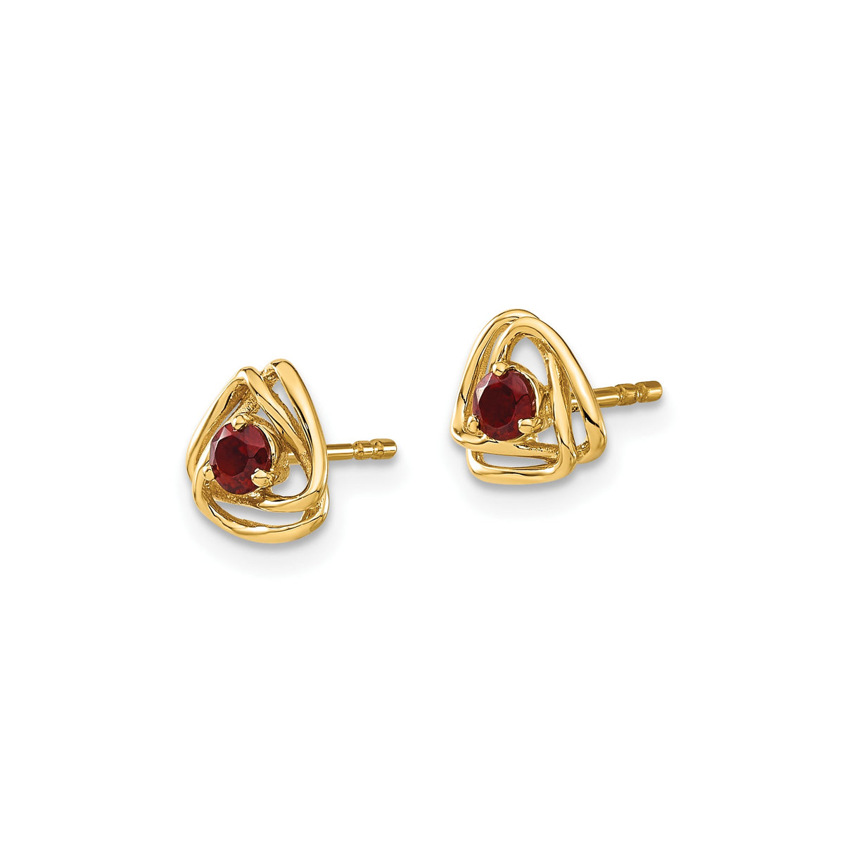 14k Yellow Gold Stud Earrings with Garnet in Open Triangle Knot Design