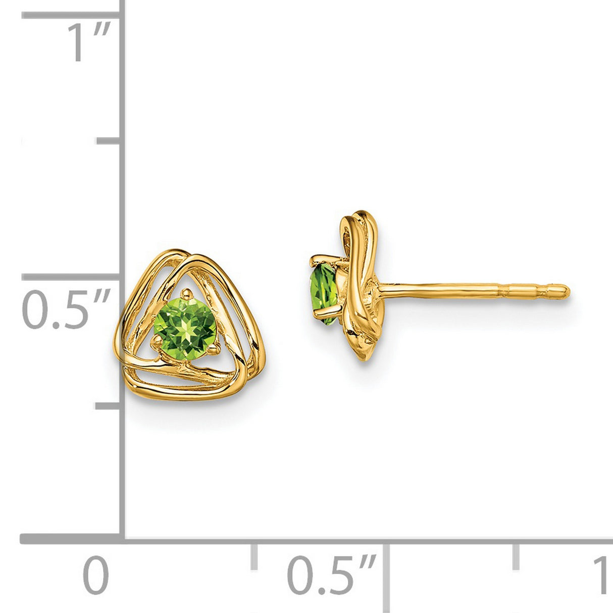 14k Yellow Gold Stud Earrings with Peridot, Open Triangle Modern Design, Minimalist Geometric Style