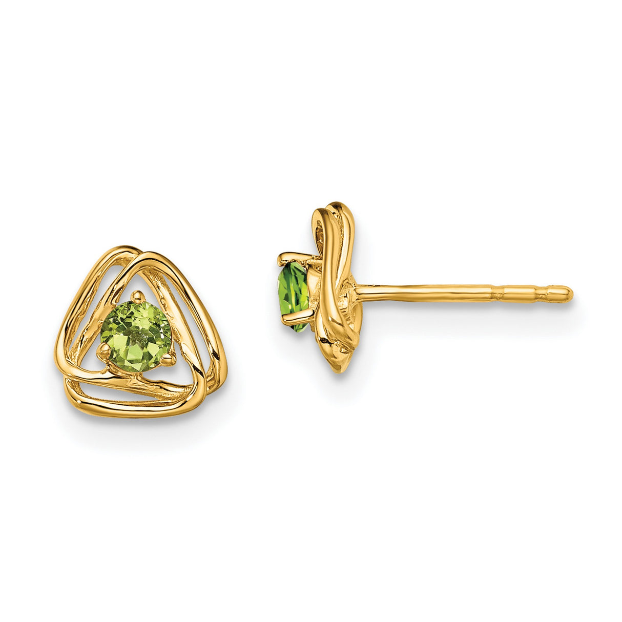 14k Yellow Gold Stud Earrings with Peridot, Open Triangle Modern Design, Minimalist Geometric Style