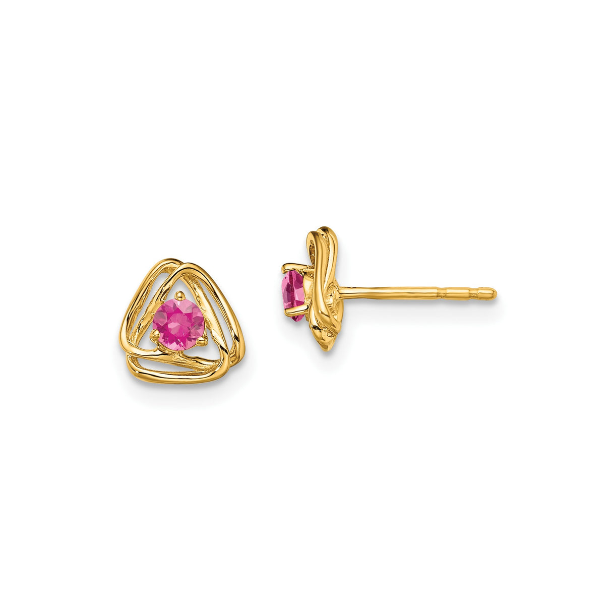 14k Yellow Gold Stud Earrings with Pink Tourmaline in Triquetra Knot Design