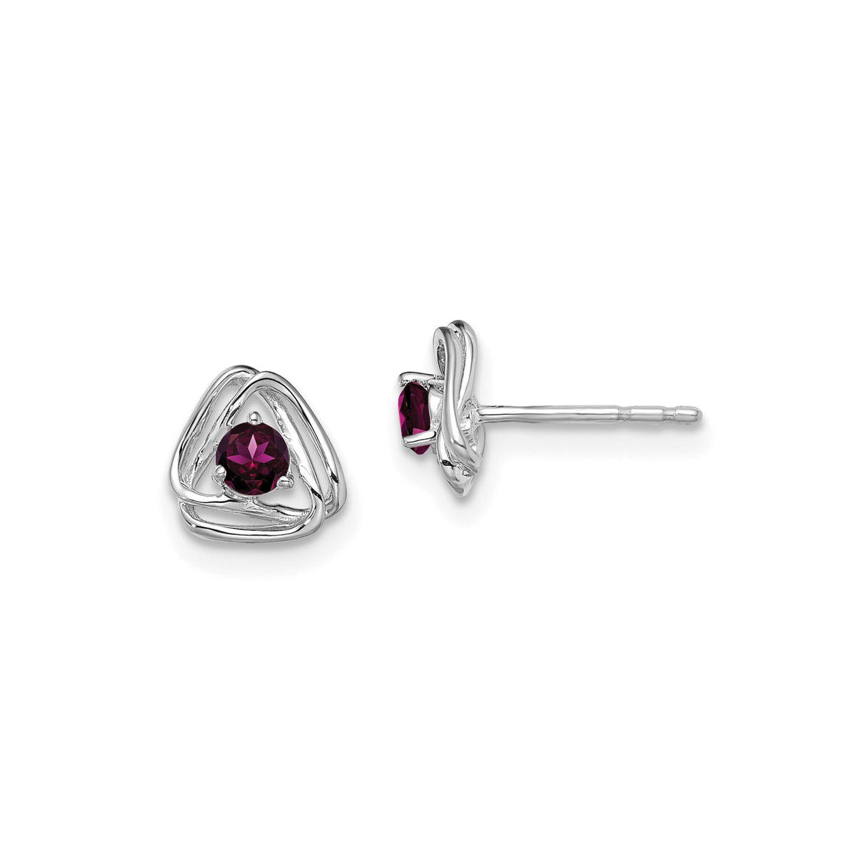14k White Gold Celtic Knot Stud Earrings with Rhodolite Garnet Triquetra Design