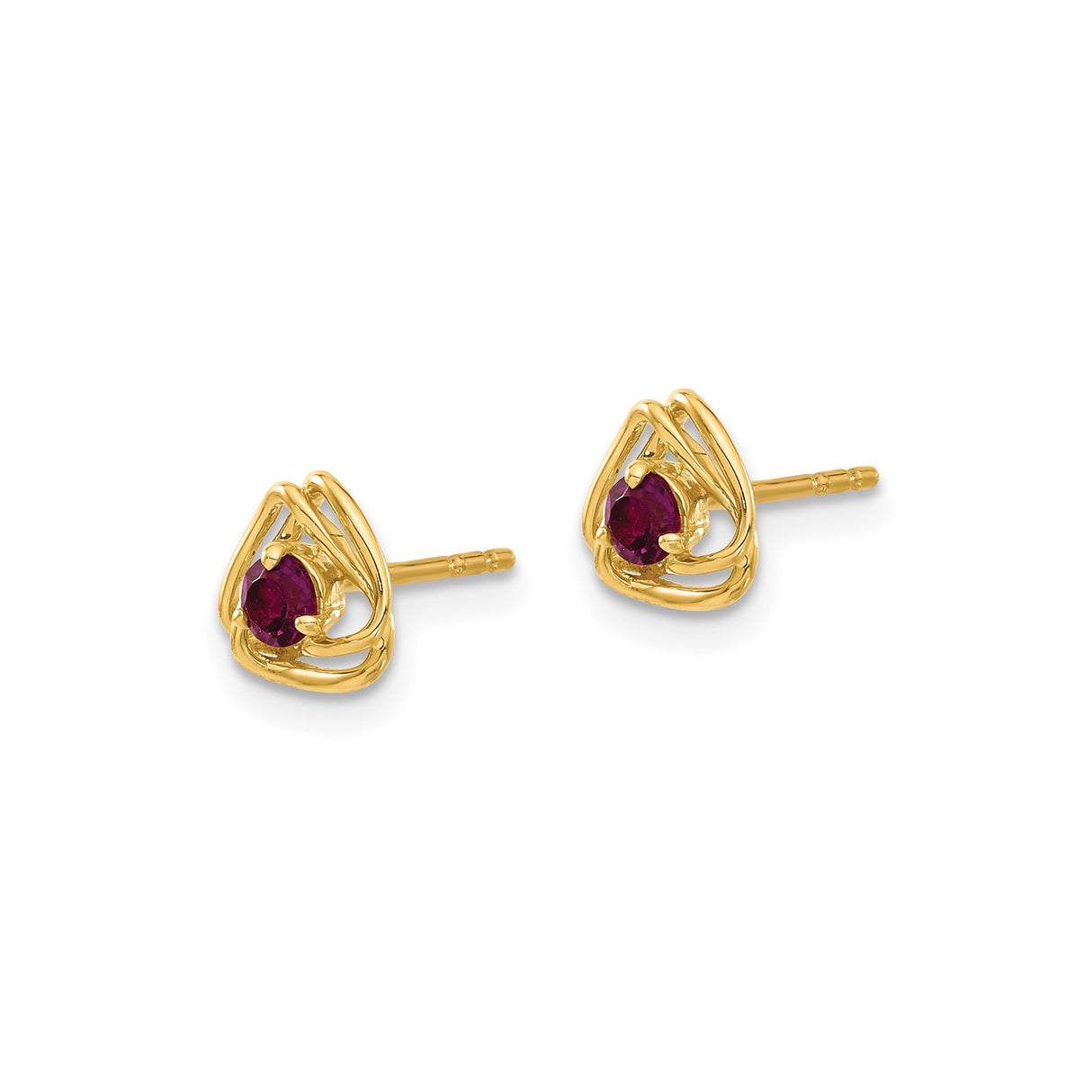 14k Yellow Gold Stud Earrings with Rhodolite Garnet, Open Swirl Triangle Design