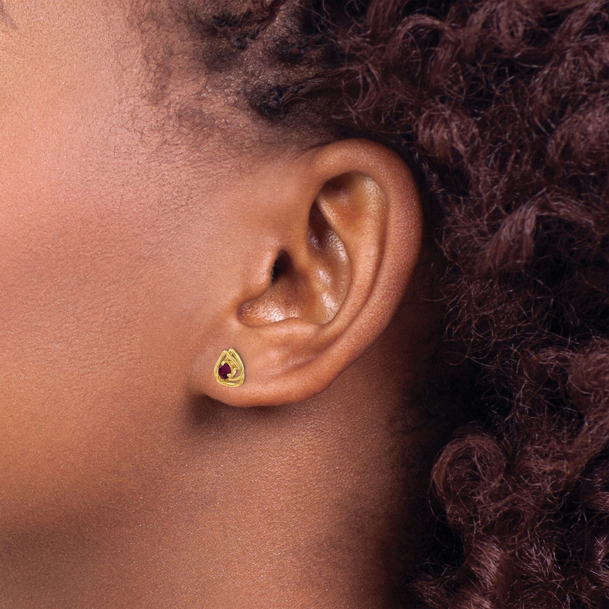 14k Yellow Gold Stud Earrings with Rhodolite Garnet, Open Swirl Triangle Design