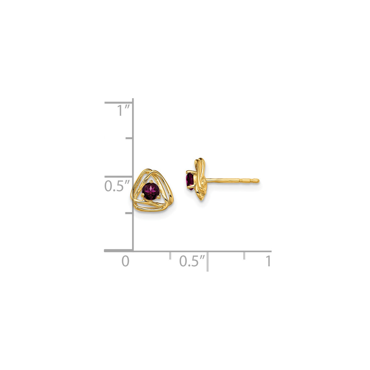 14k Yellow Gold Stud Earrings with Rhodolite Garnet, Open Swirl Triangle Design