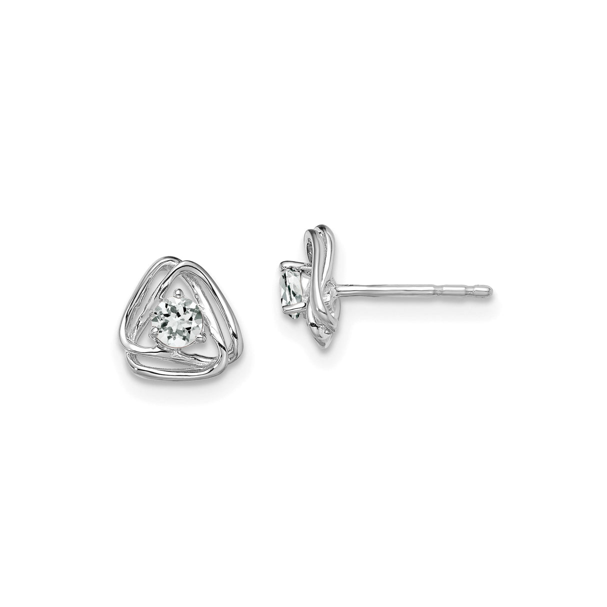 14k White Gold Stud Earrings with White Topaz, Open Triquetra Knot Celtic Design