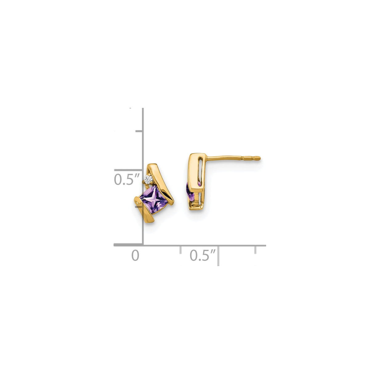 10k Yellow Gold Stud Earrings with Princess Cut Amethyst and Diamond Accents