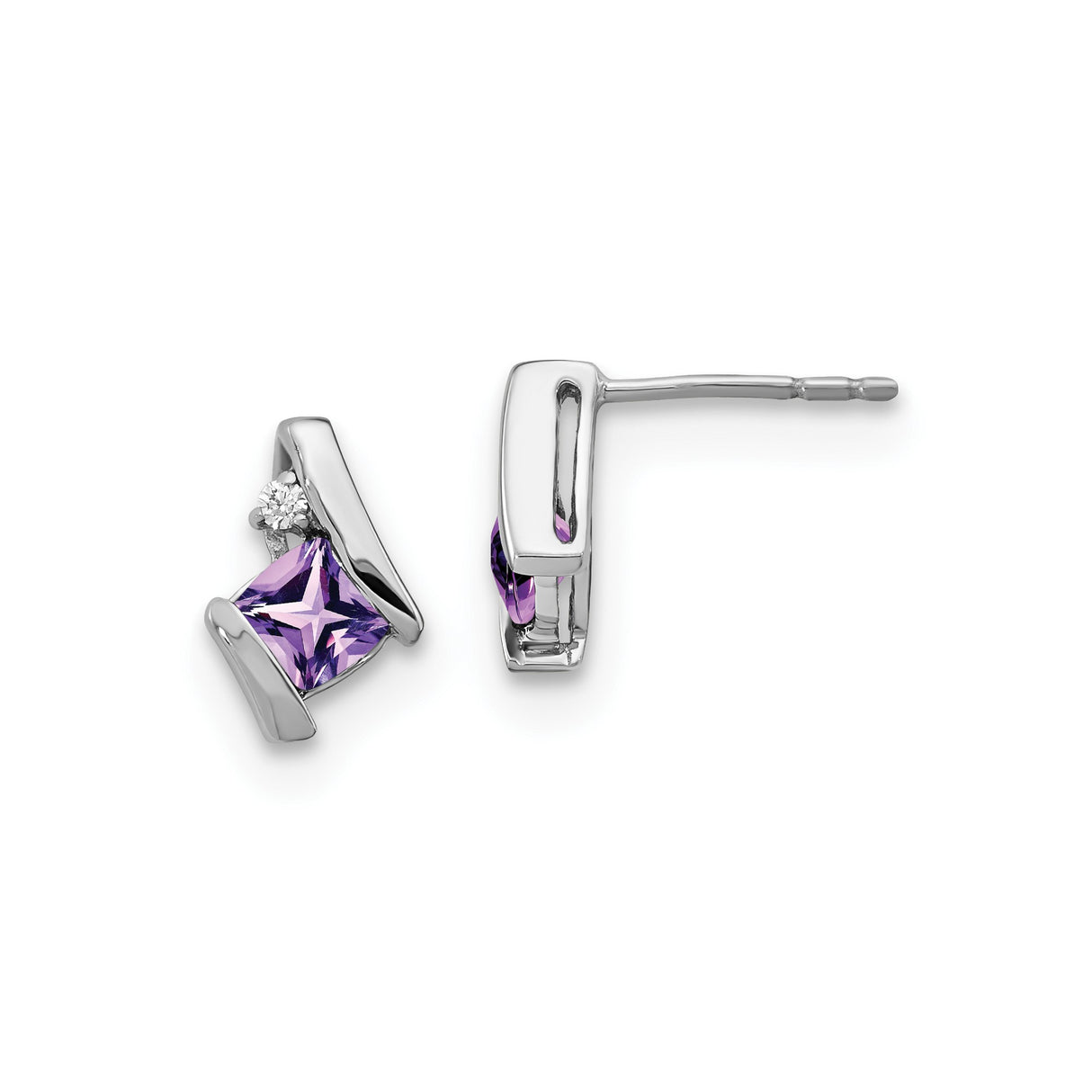 14k White Gold Stud Earrings with Princess Cut Amethyst and Diamond Accents, Geometric Design