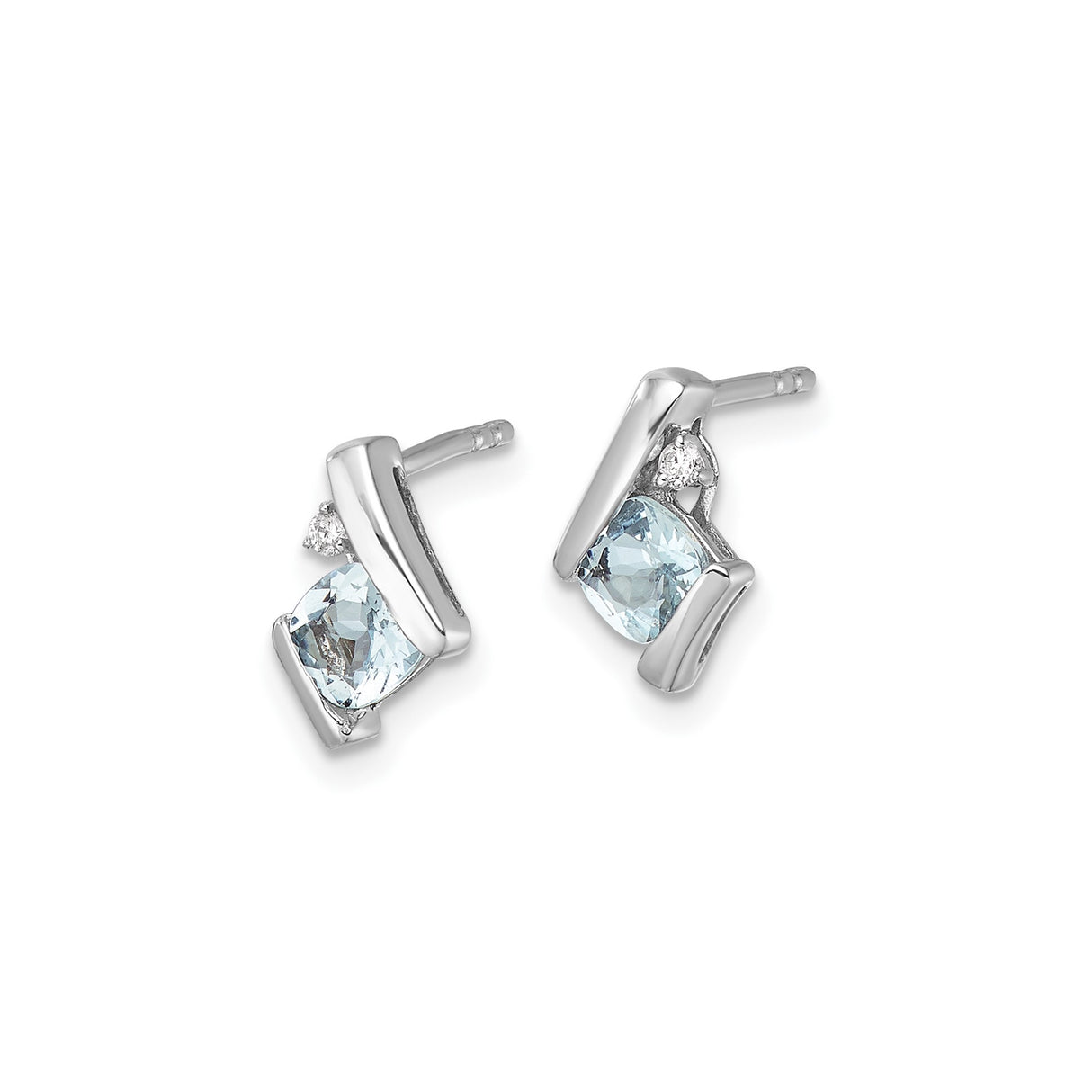 10k White Gold Stud Earrings with Cushion Cut Aquamarine and Diamond Accents in Bar Setting