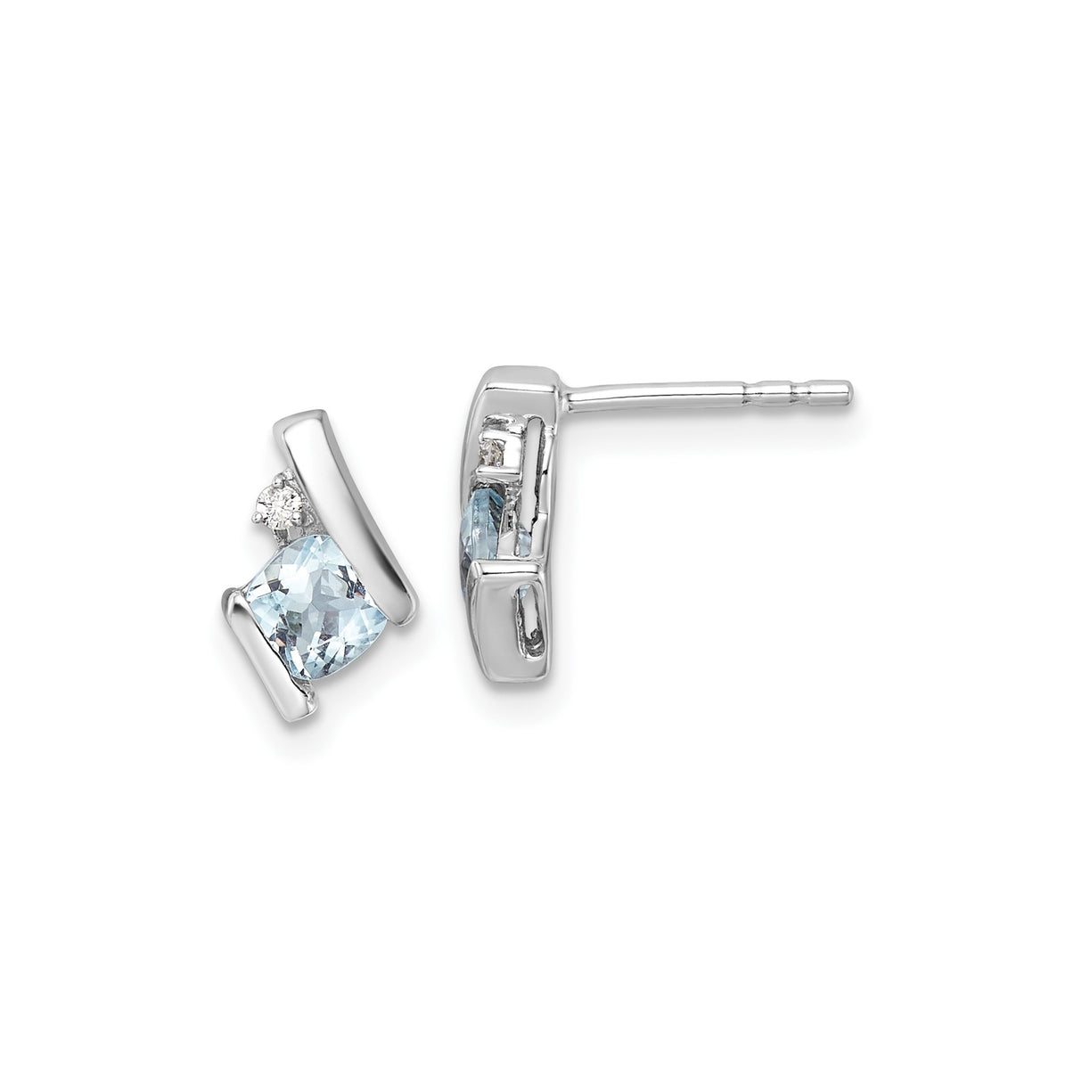 10k White Gold Stud Earrings with Cushion Cut Aquamarine and Diamond Accents in Bar Setting
