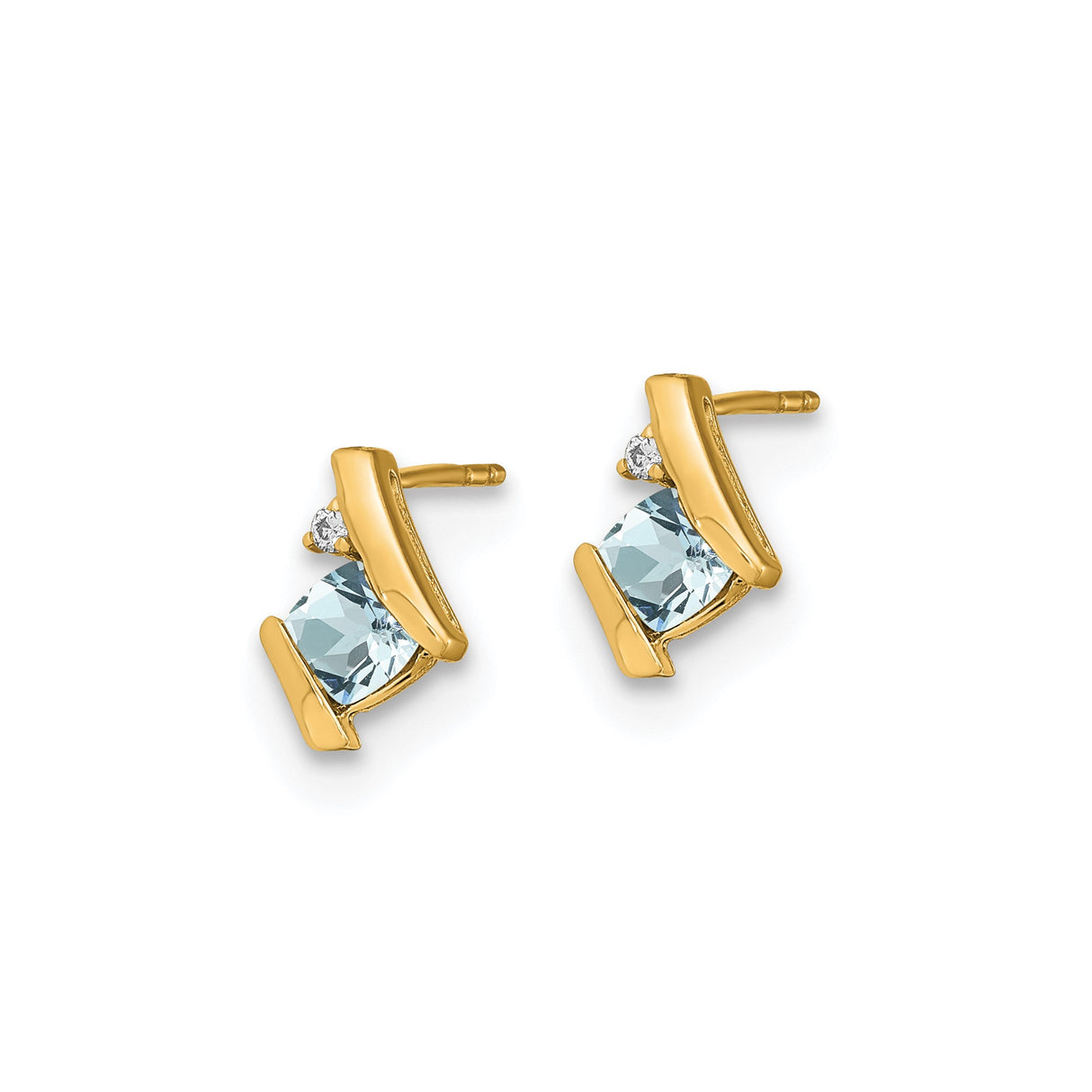 10k Yellow Gold Stud Earrings with Aquamarine and Diamond, Modern Geometric Design