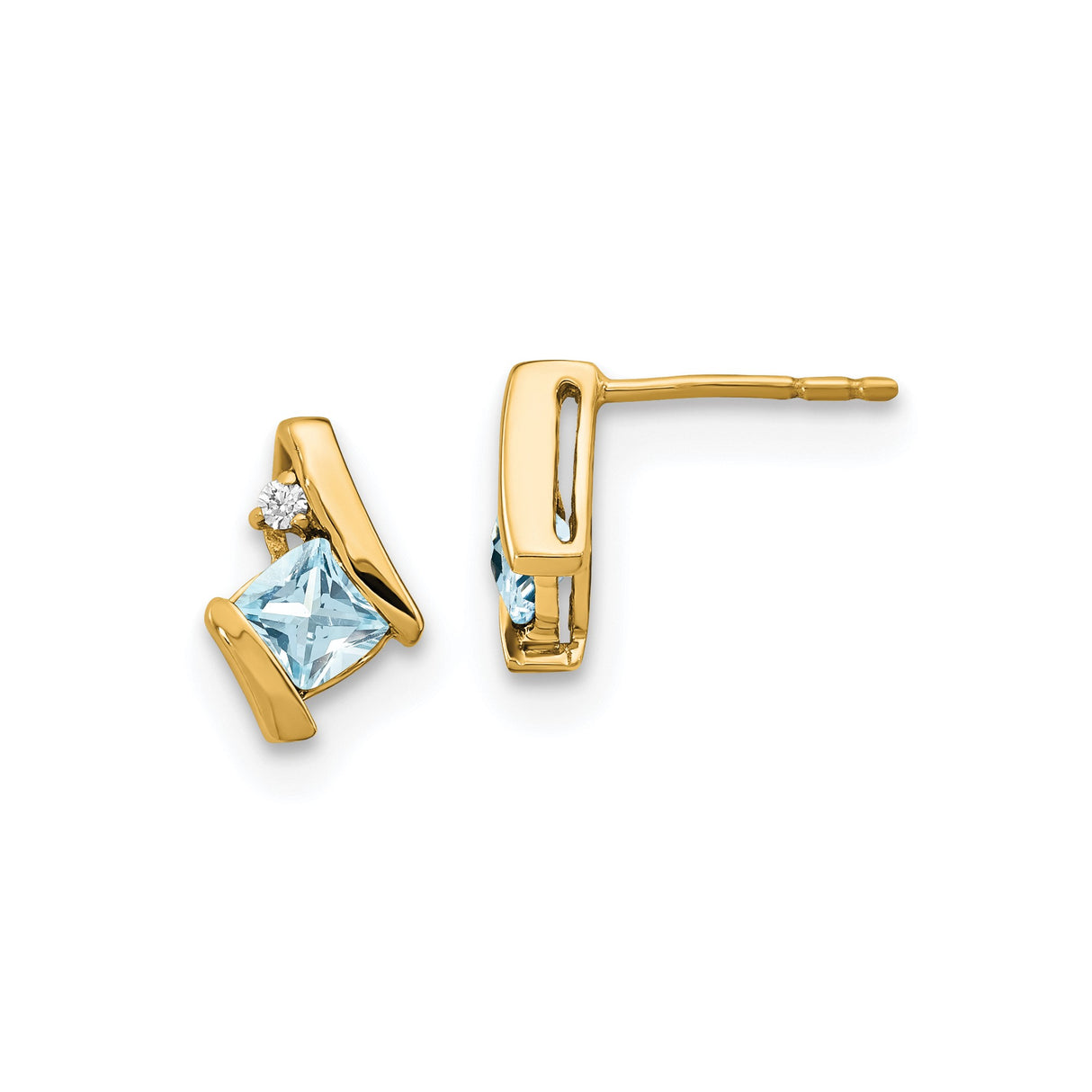 10k Yellow Gold Stud Earrings with Aquamarine and Diamond, Modern Geometric Design