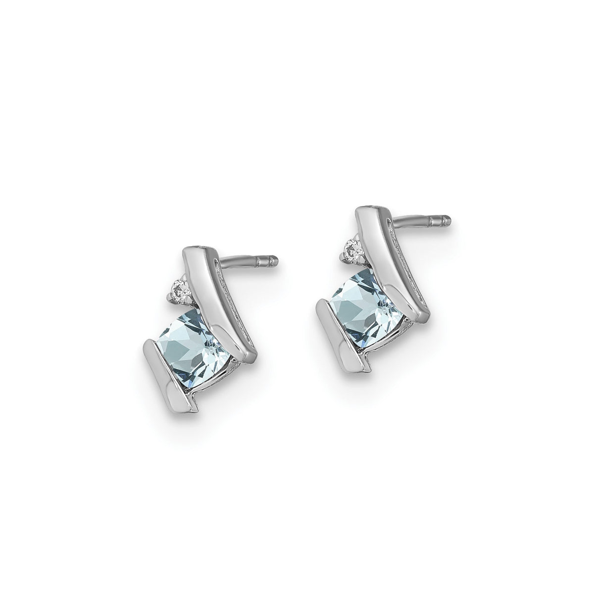 Sterling Silver Stud Earrings with Square Cut Aquamarine and Diamond Accent, Modern Minimalist Design