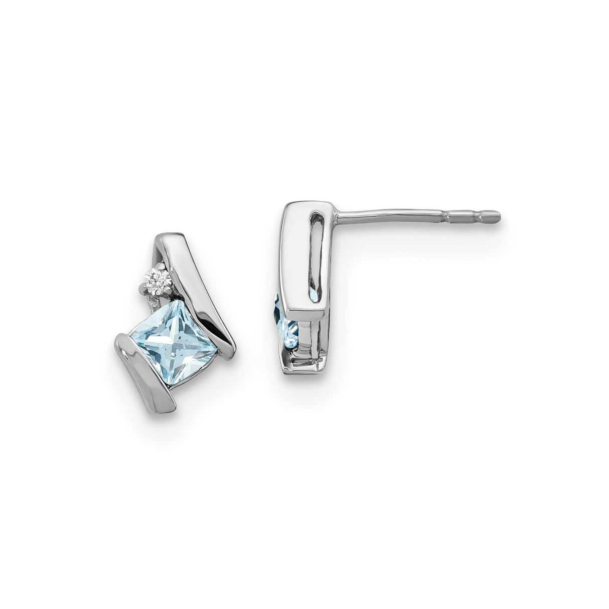 Sterling Silver Stud Earrings with Square Cut Aquamarine and Diamond Accent, Modern Minimalist Design