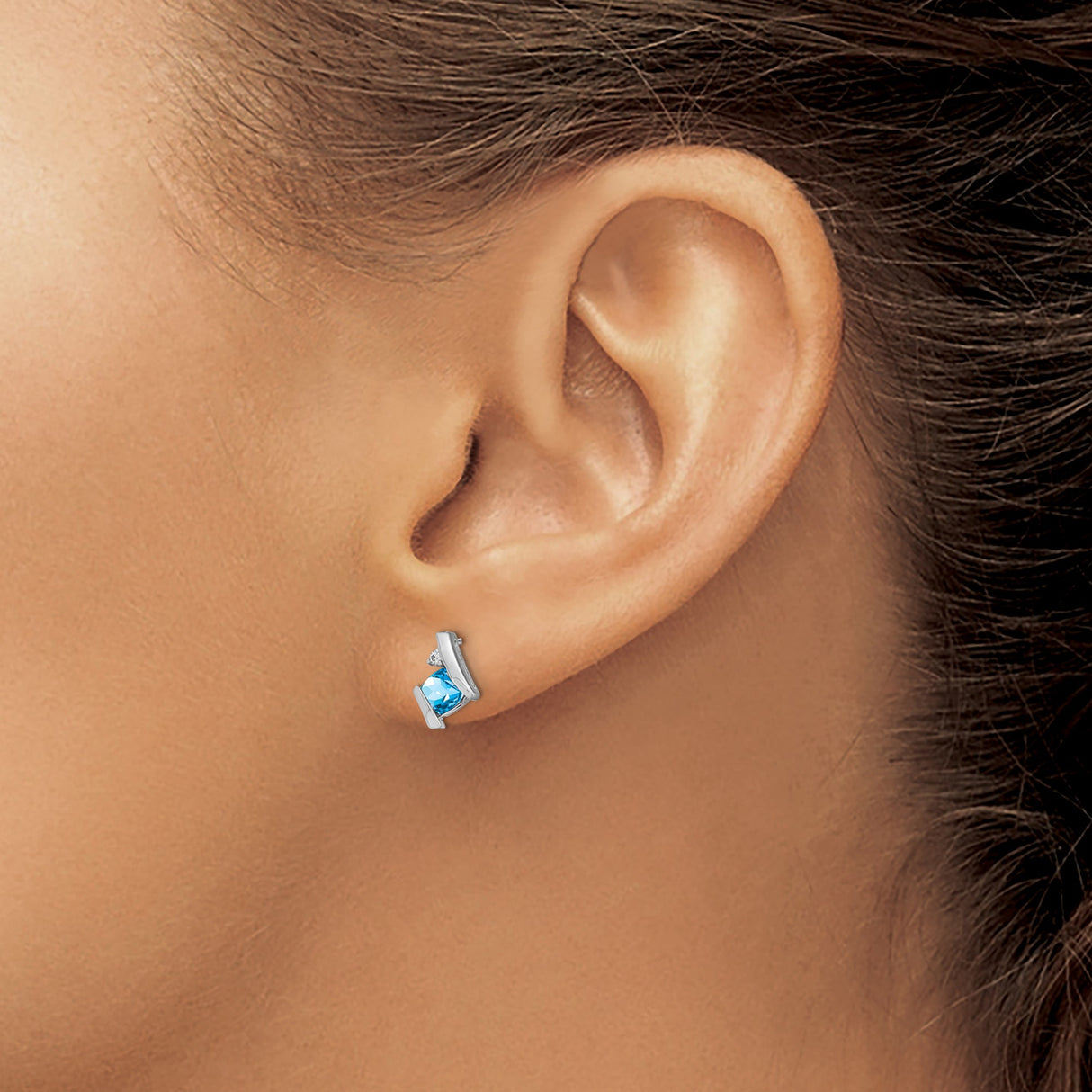 10k White Gold Stud Earrings with Swiss Blue Topaz and Diamond Accents, Geometric Style