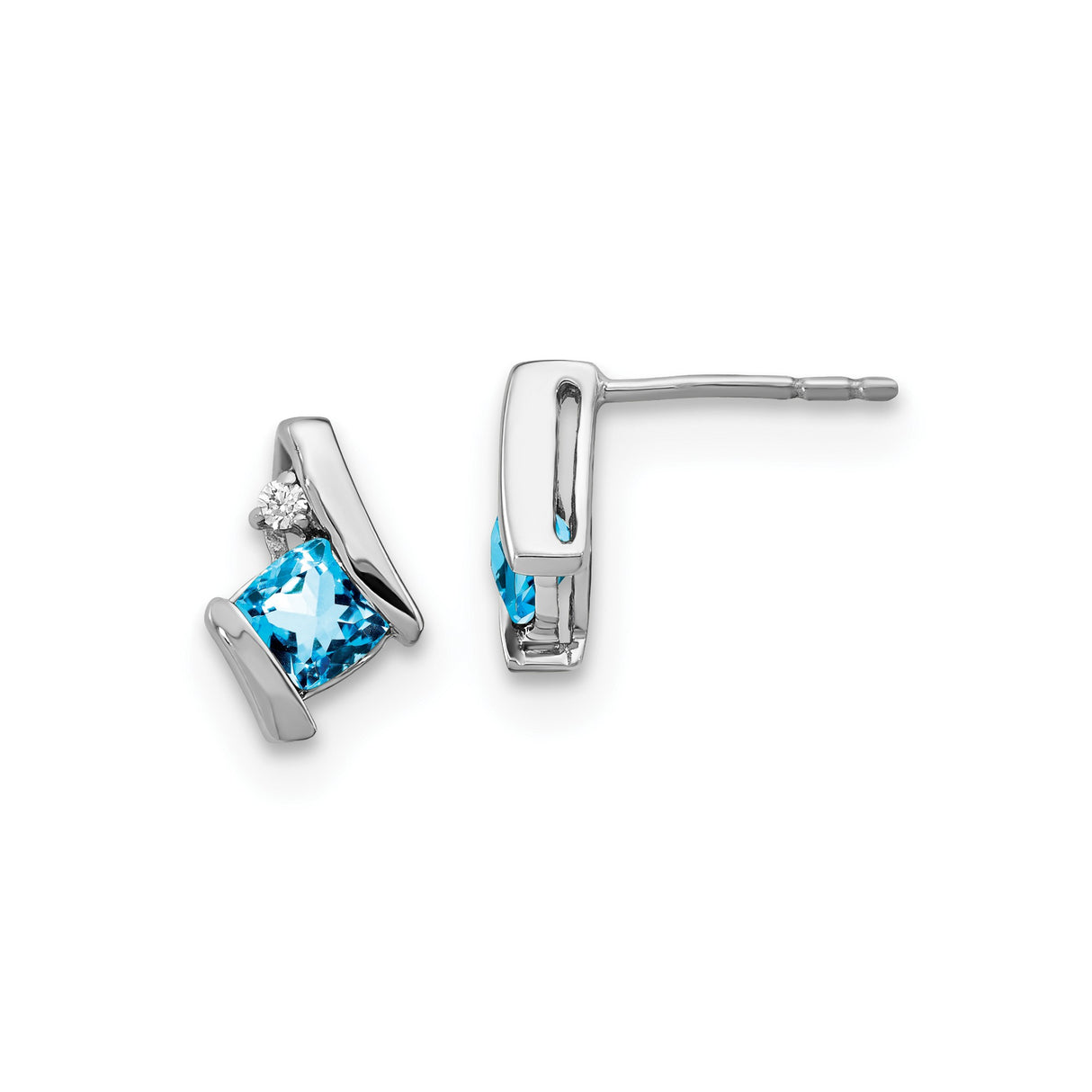 10k White Gold Stud Earrings with Swiss Blue Topaz and Diamond Accents, Geometric Style