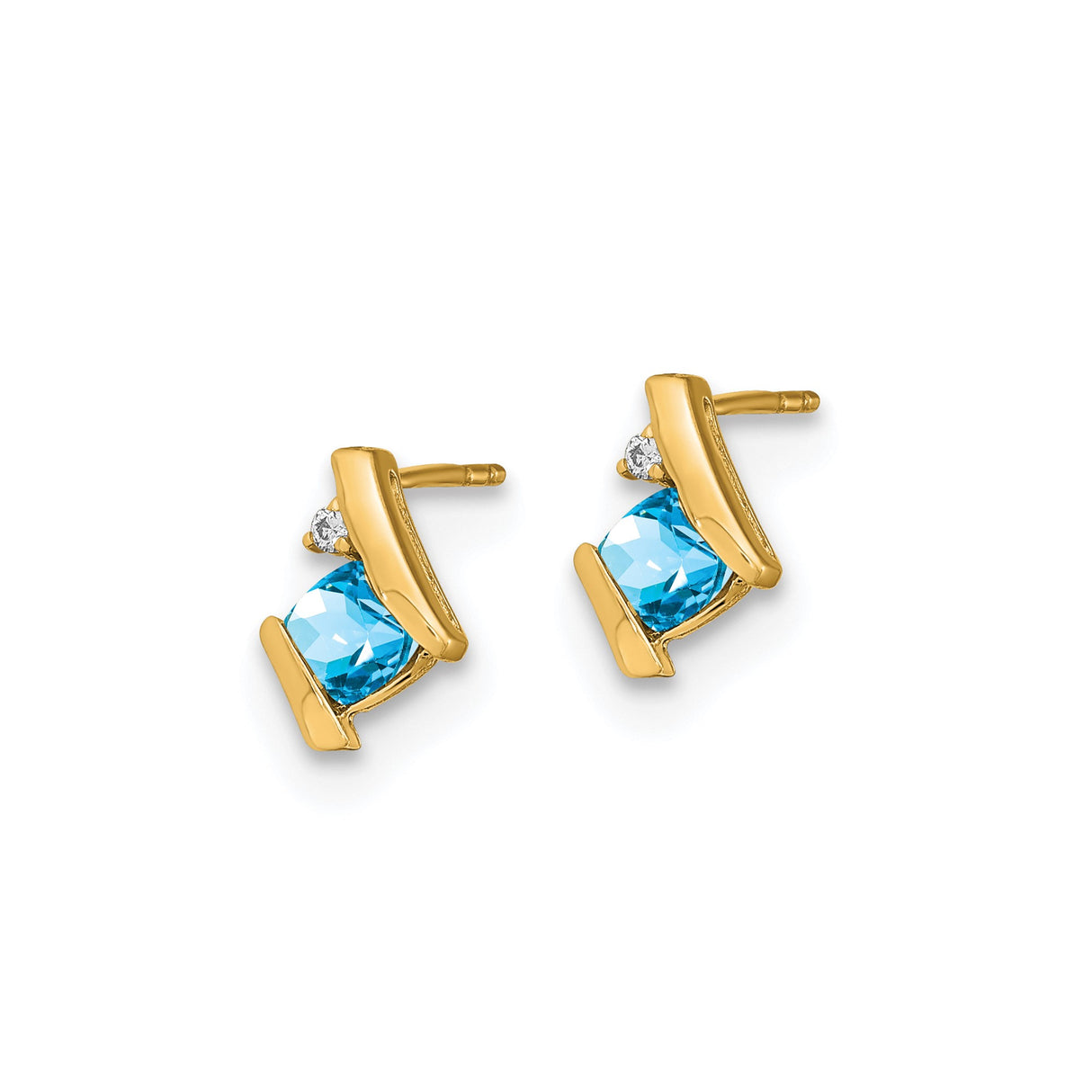 10k Yellow Gold Earrings with Swiss Blue Topaz and Diamond Accents, Modern Curved Studs
