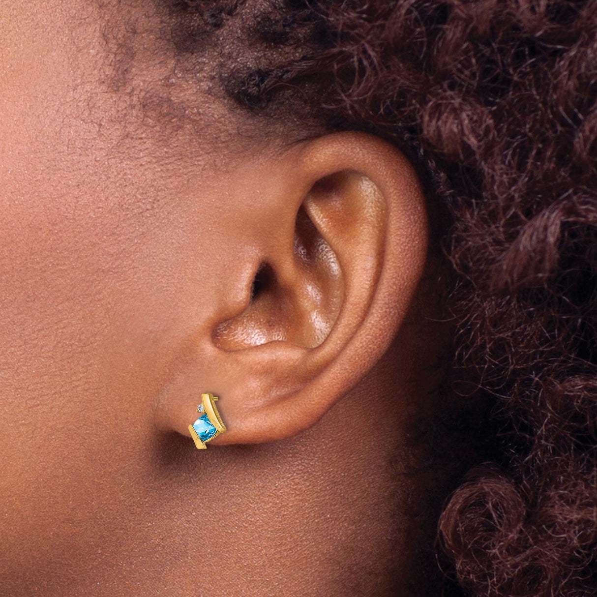 10k Yellow Gold Earrings with Swiss Blue Topaz and Diamond Accents, Modern Curved Studs