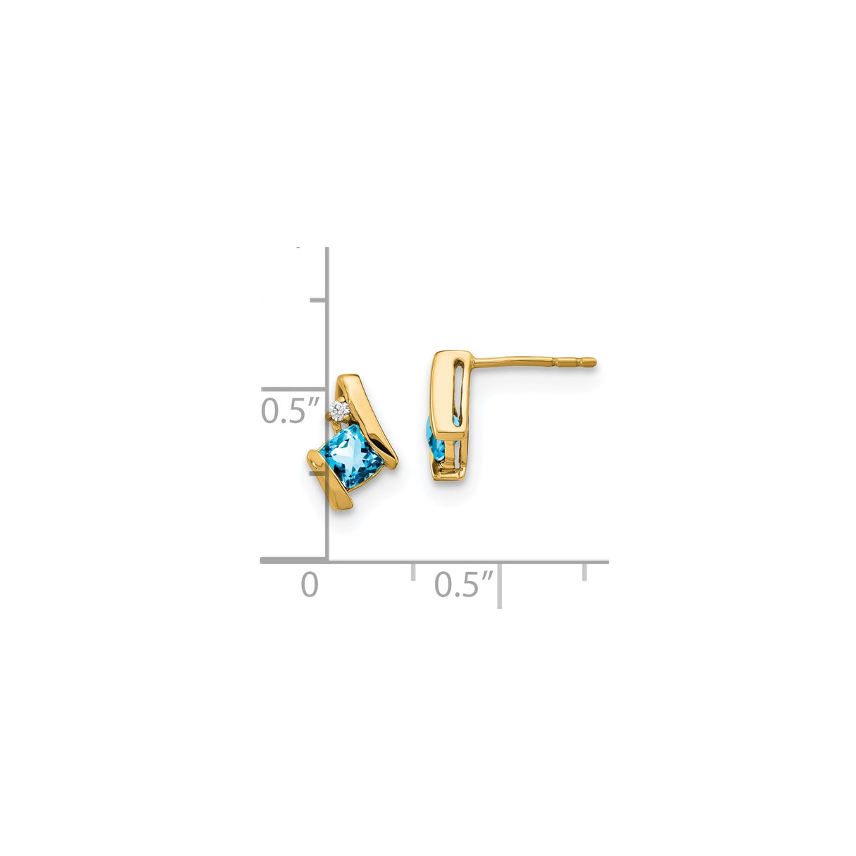 10k Yellow Gold Earrings with Swiss Blue Topaz and Diamond Accents, Modern Curved Studs