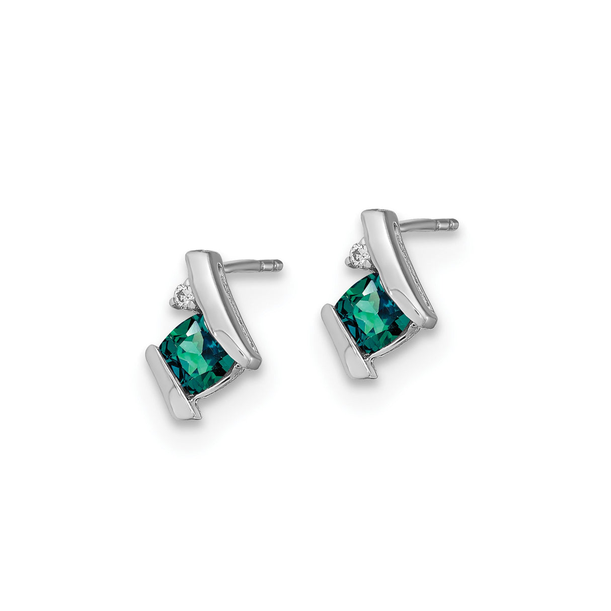 10k White Gold Stud Earrings with Square Cut Created Alexandrite and Diamond Accents, Geometric Design