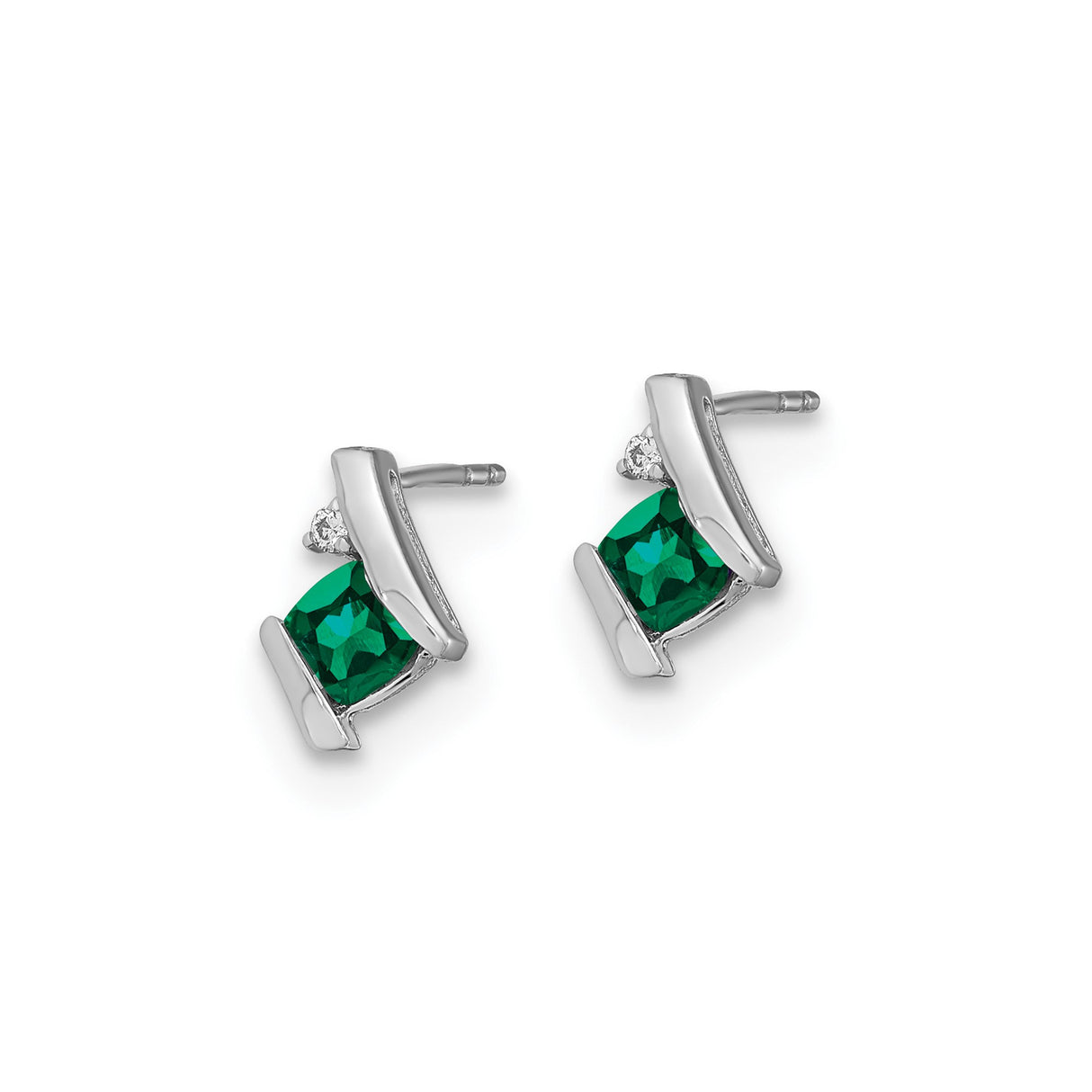 10k White Gold Earrings with Created Emerald, Diamond Accents, Modern Cushion Studs