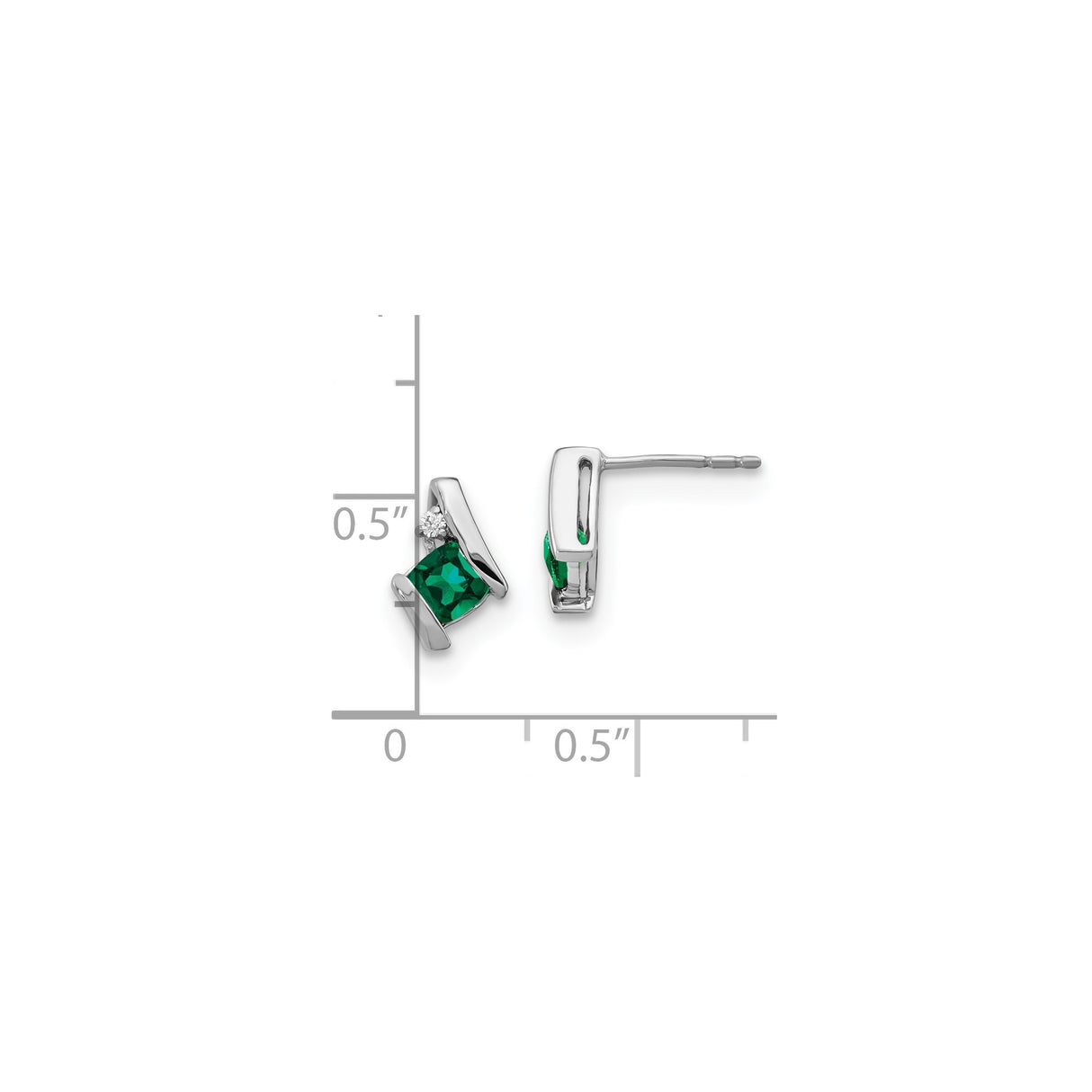 10k White Gold Earrings with Created Emerald, Diamond Accents, Modern Cushion Studs