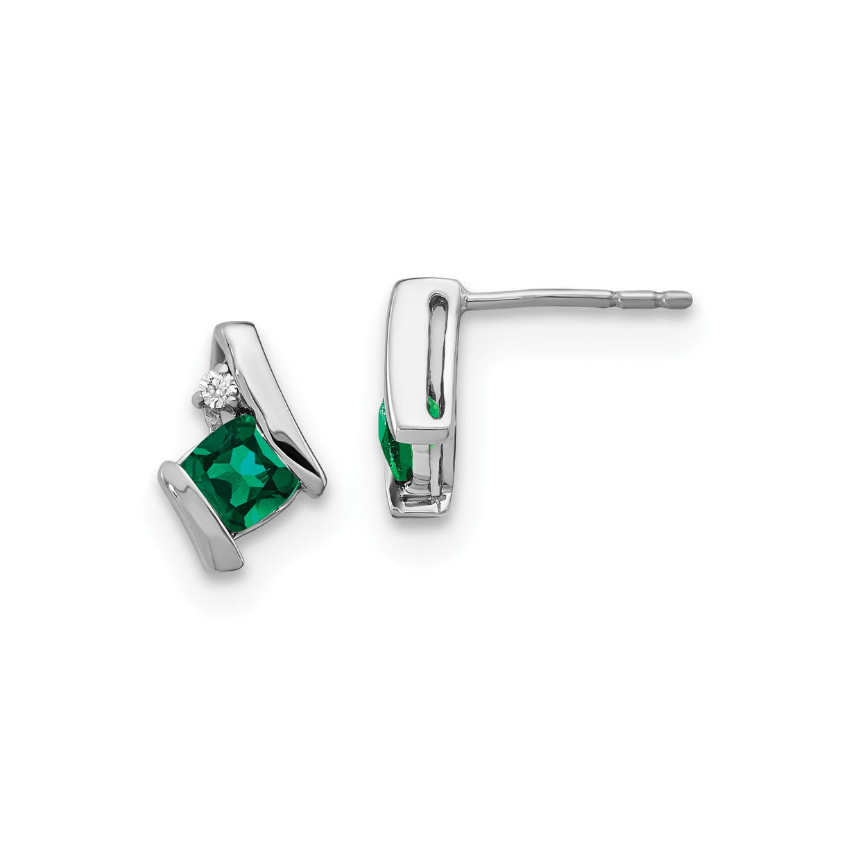 10k White Gold Earrings with Created Emerald, Diamond Accents, Modern Cushion Studs