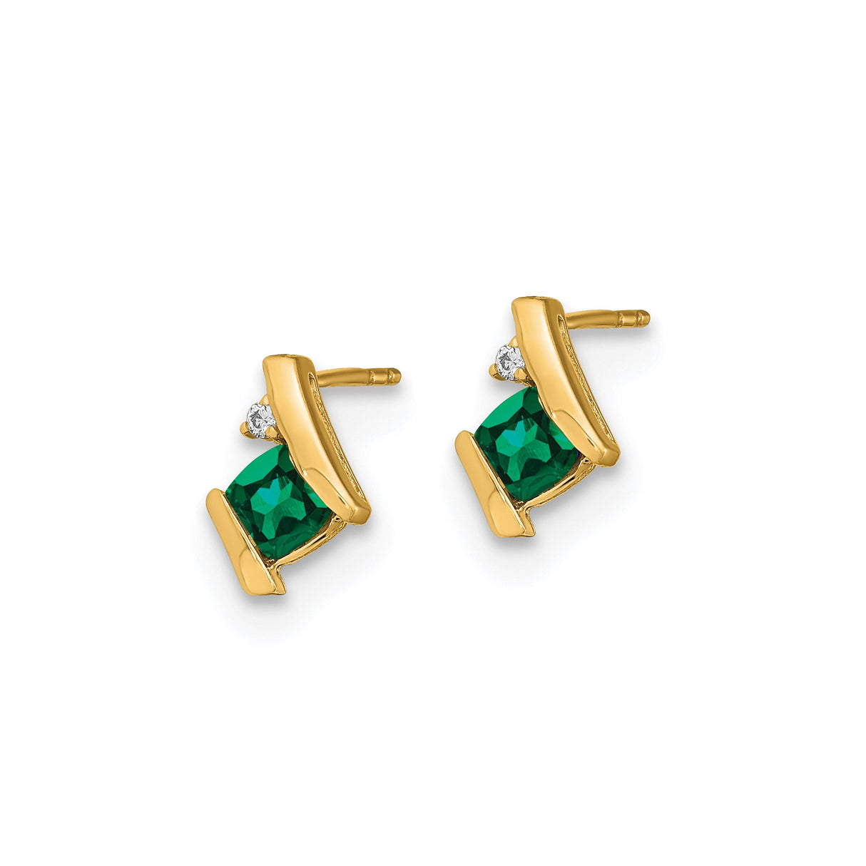 10k Yellow Gold Stud Earrings with Created Emerald and Diamond Accents, Modern Abstract Design