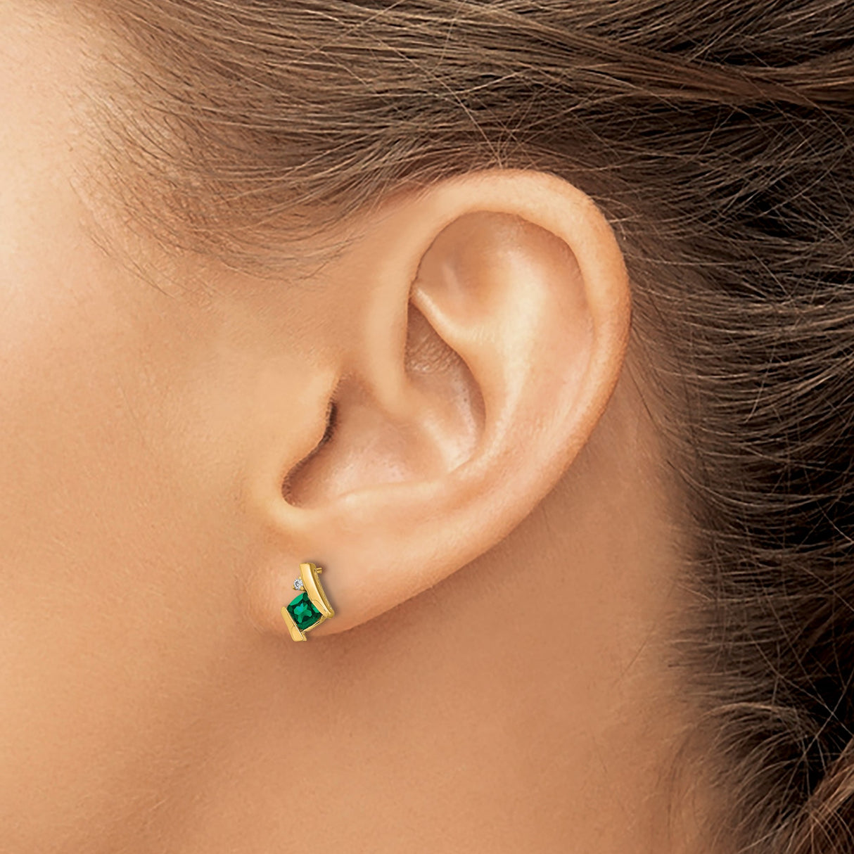 10k Yellow Gold Stud Earrings with Created Emerald and Diamond Accents, Modern Abstract Design