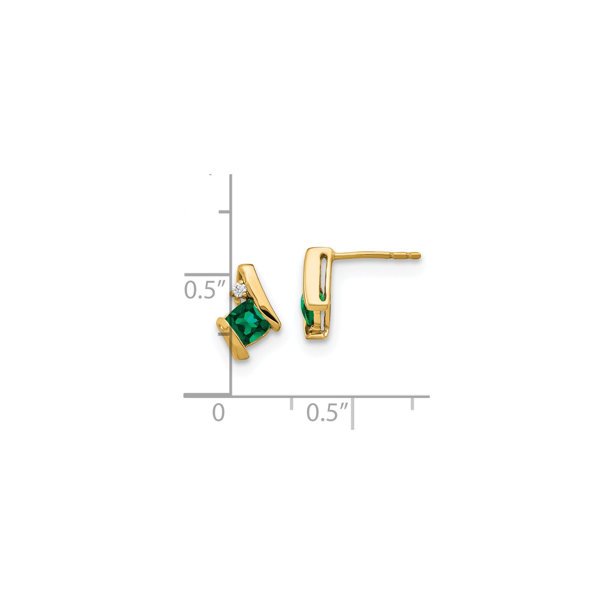 10k Yellow Gold Stud Earrings with Created Emerald and Diamond Accents, Modern Abstract Design