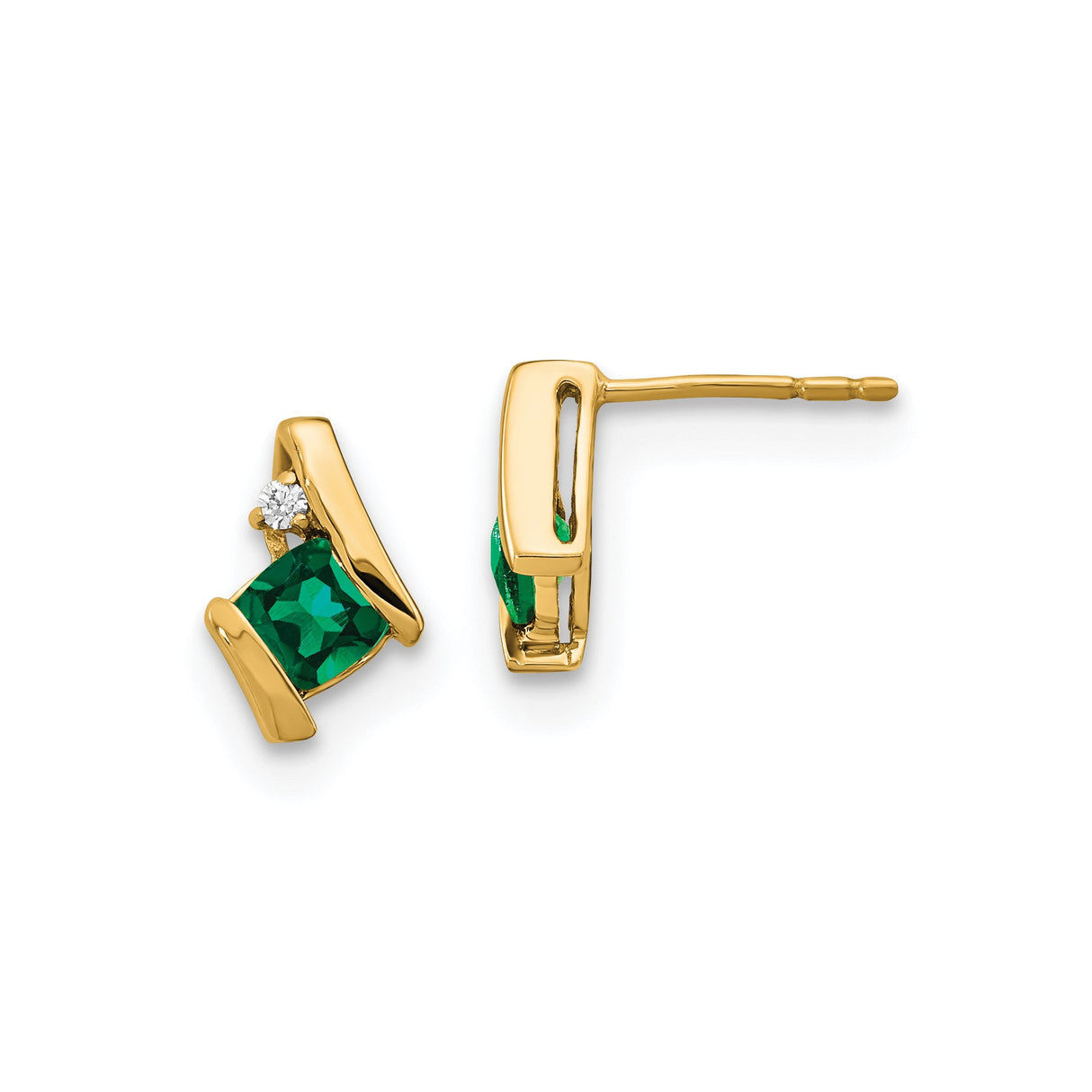 10k Yellow Gold Stud Earrings with Created Emerald and Diamond Accents, Modern Abstract Design