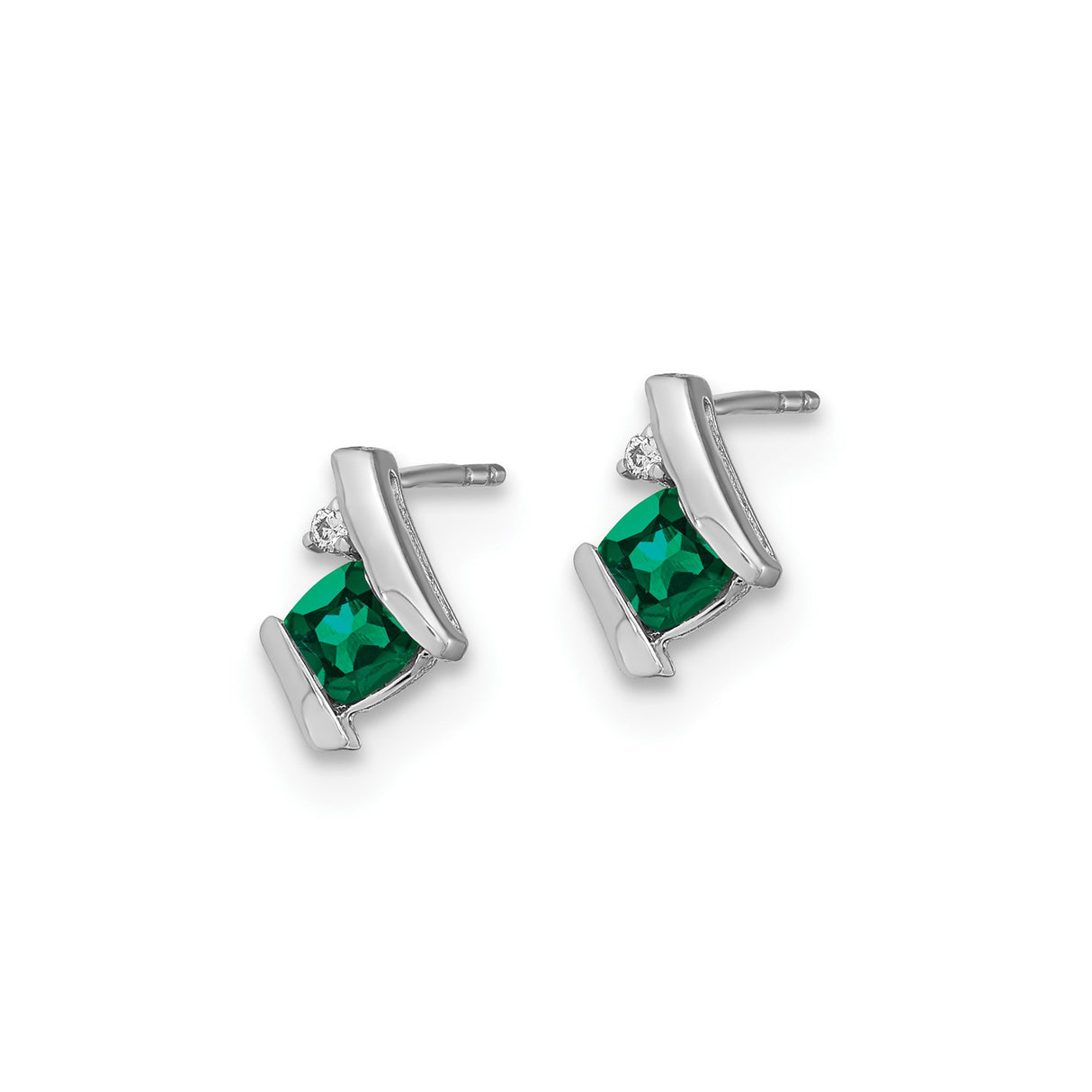 Sterling Silver Stud Earrings with Created Emerald and Diamond Accent, Modern Minimalist Design