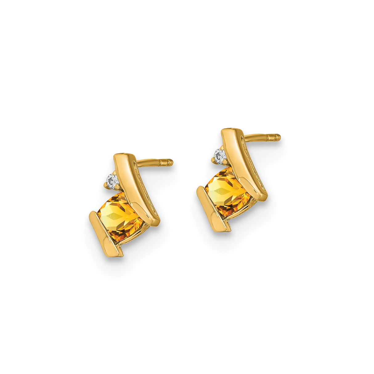 10k Yellow Gold Stud Earrings with Square Citrine and Diamond Accent, Modern Geometric Style