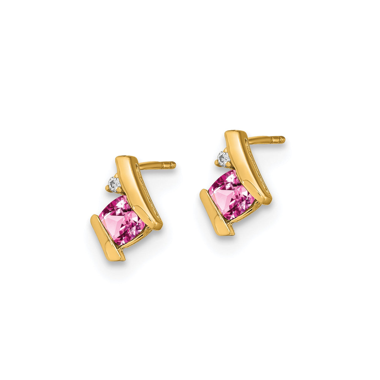 10k Yellow Gold Stud Earrings with Created Pink Sapphire and Diamond Accents, Cushion Cut Design