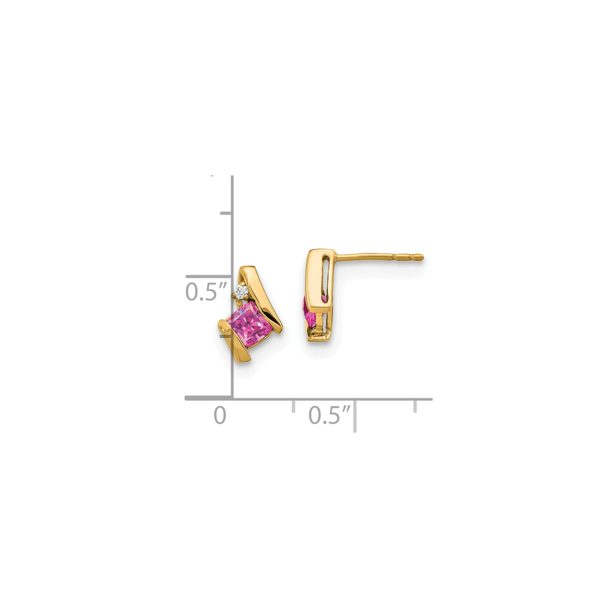10k Yellow Gold Stud Earrings with Created Pink Sapphire and Diamond Accents, Cushion Cut Design
